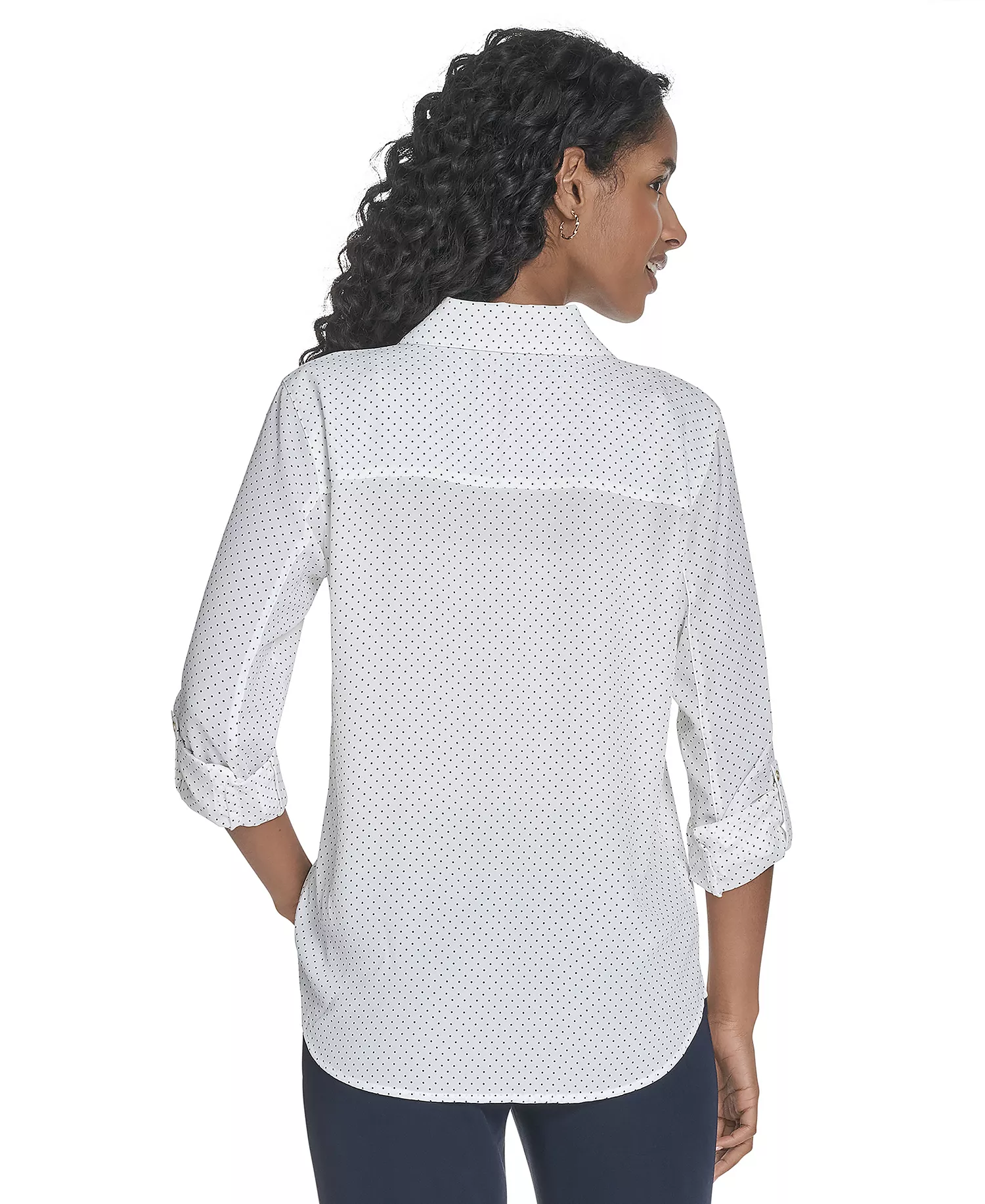 Women's Slim-Fit Pin-Dot Roll-Tab-Sleeve Shirt - Ivory/ Midnight - L