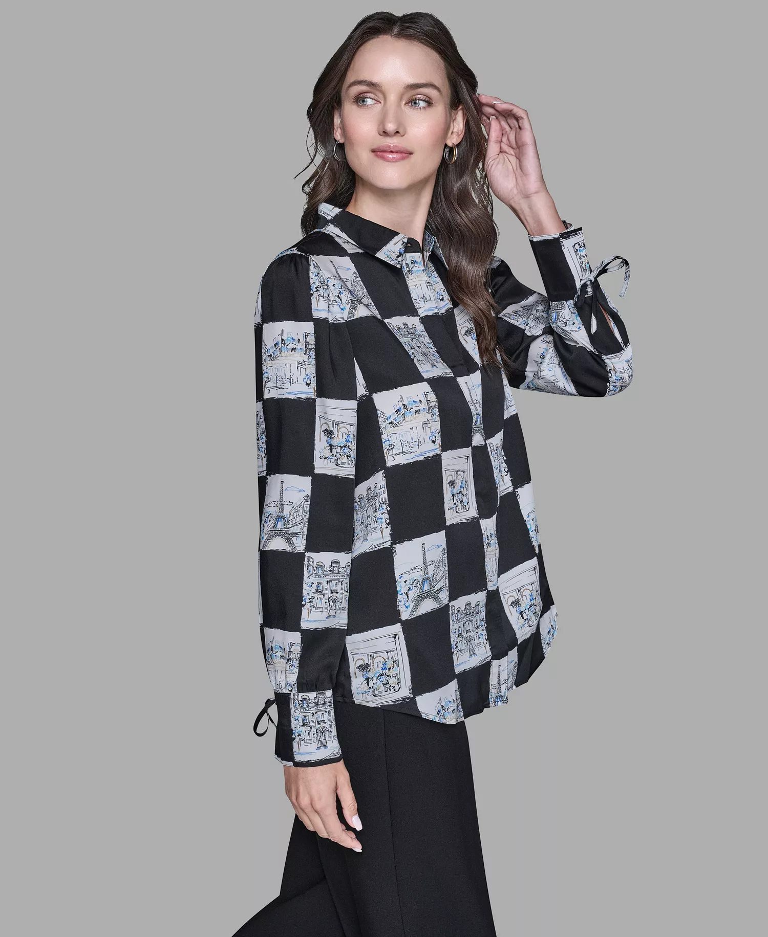 Women's Printed Collared Long-Sleeve Blouse - Black Combo - L