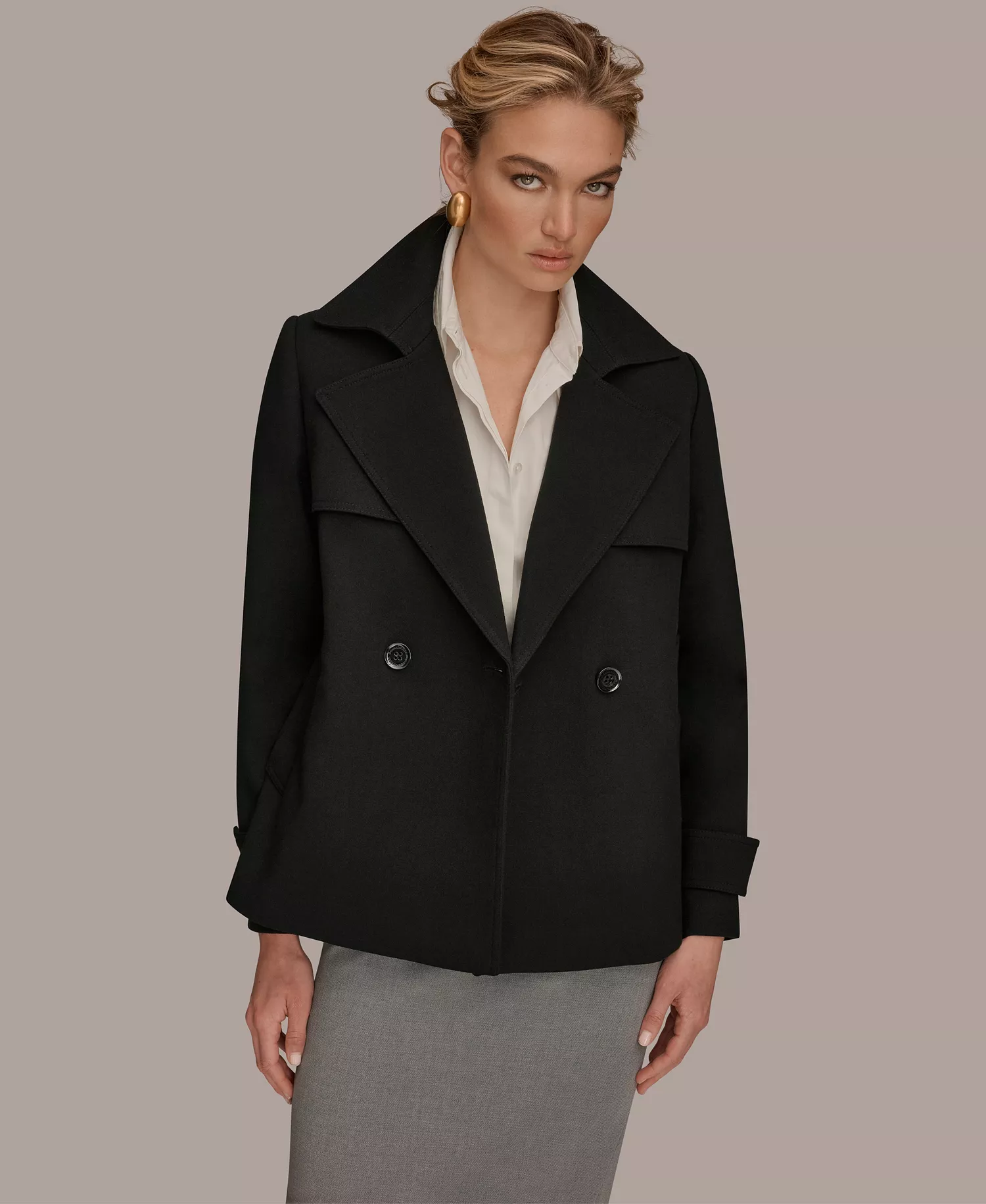 Women's Short Crepe Notch Collar Trench Coat - Black - L