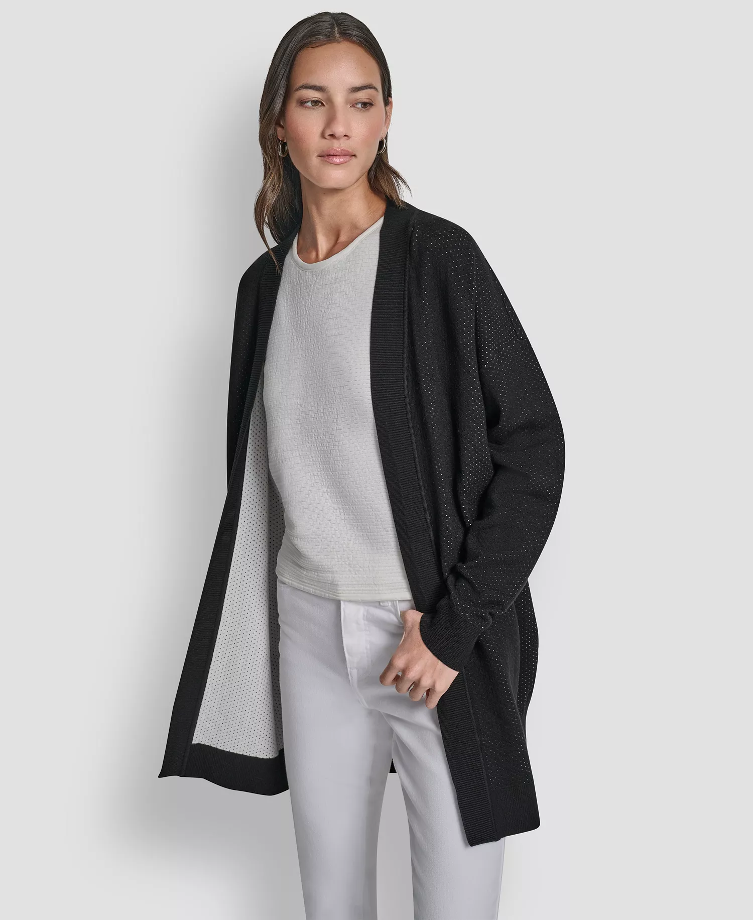 Women's Long Sleeve Open Front Cardigan - Black/Ivory - L