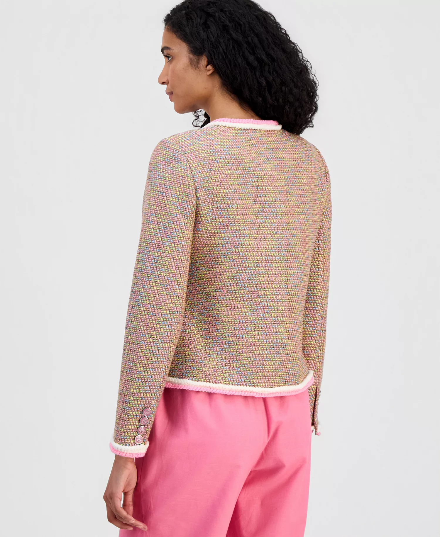 Women's Braided-Trim Crewneck Jacket - Pink Multi Tweed - L