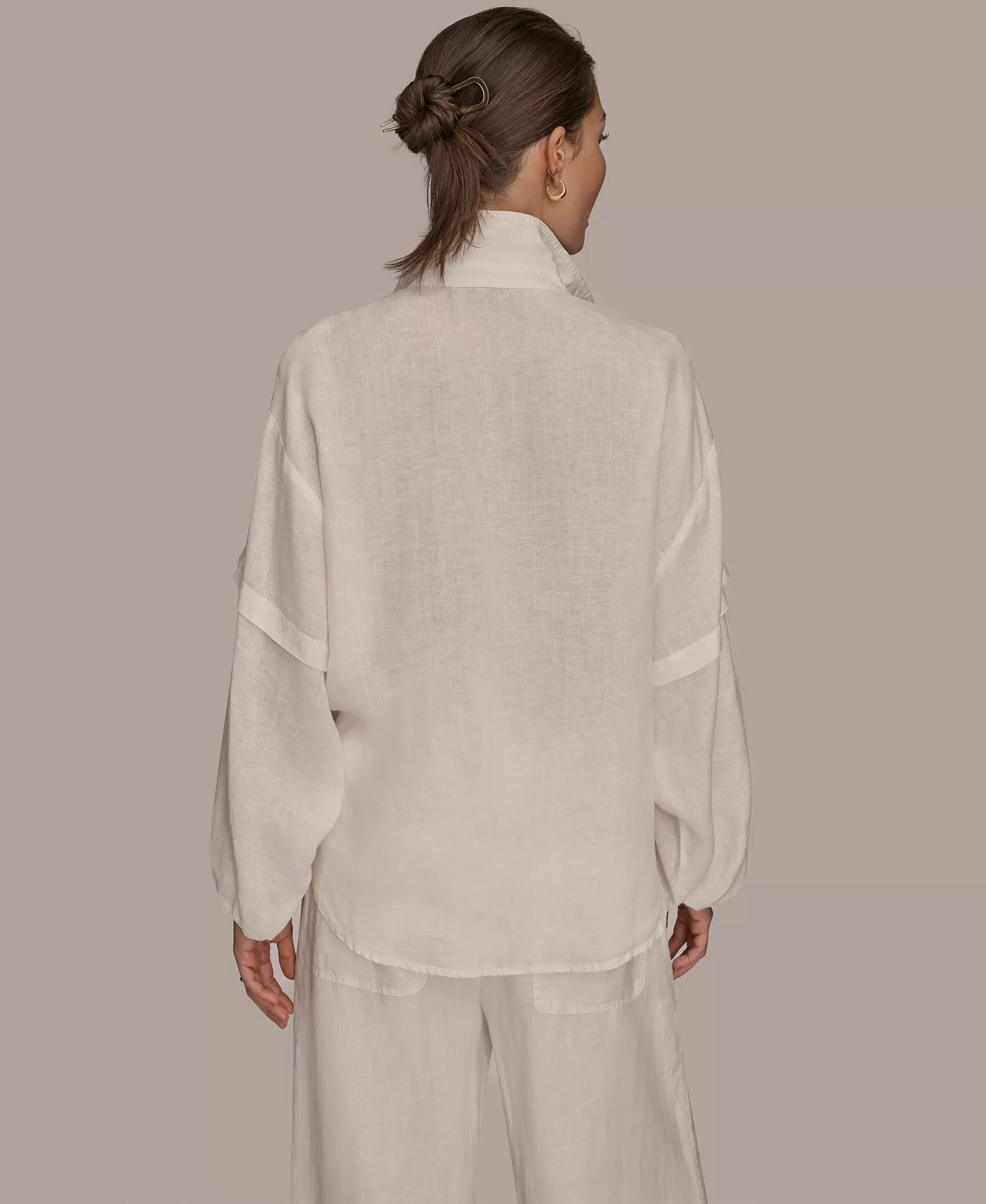 Women's Linen Long Blouson Sleeve Button Adjustable Tie Shirt - Cream - L