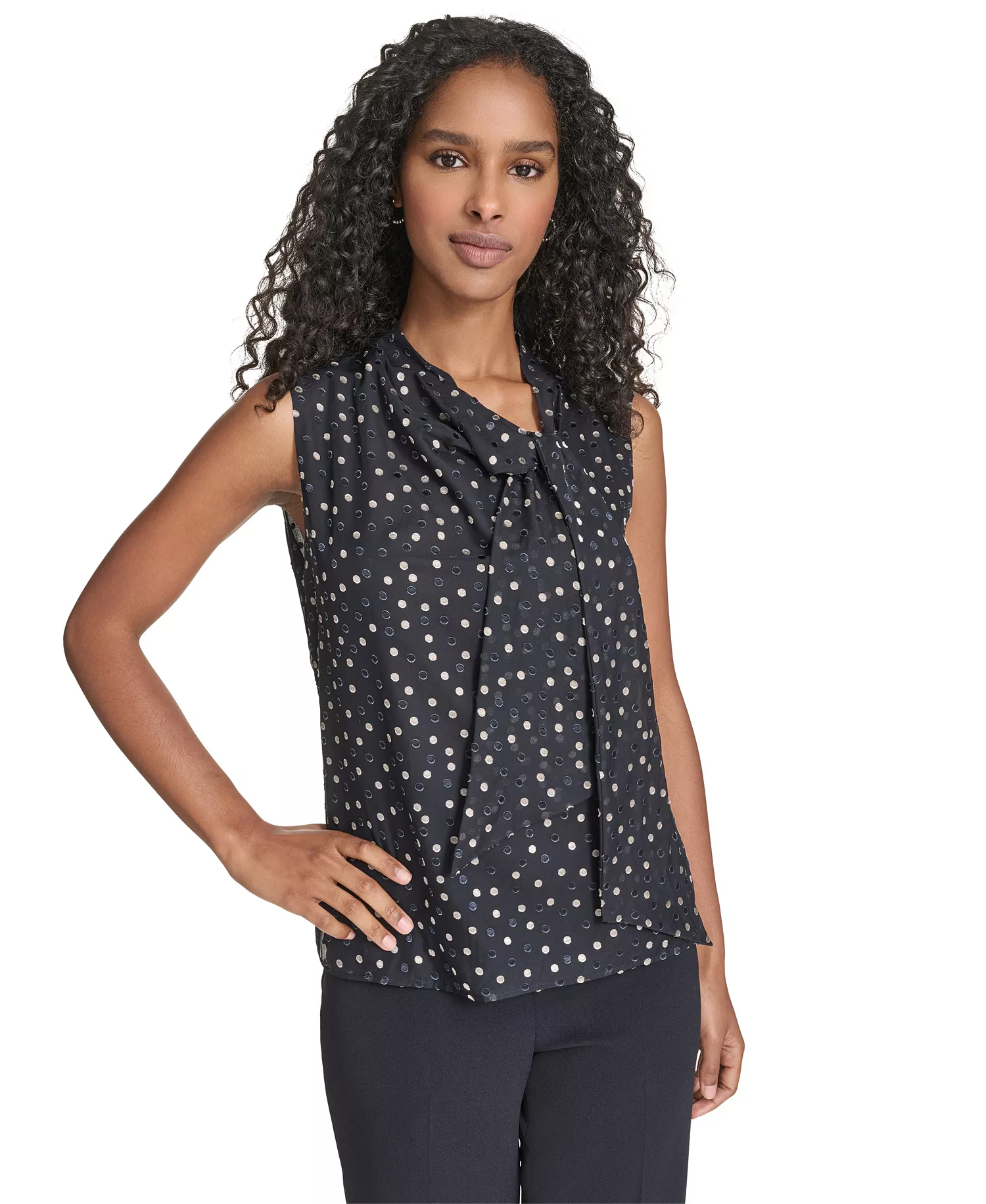 Women's Textured Tie Neck Top - Navy/Oyster - L