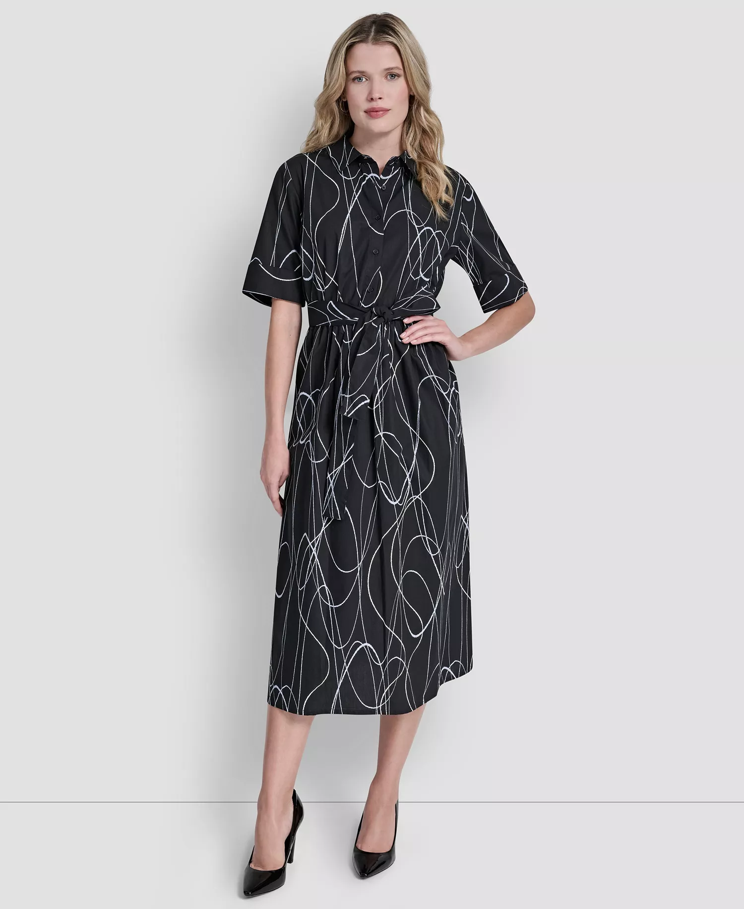 Women's Collared Midi Shirt Dress - Black Multi - 10