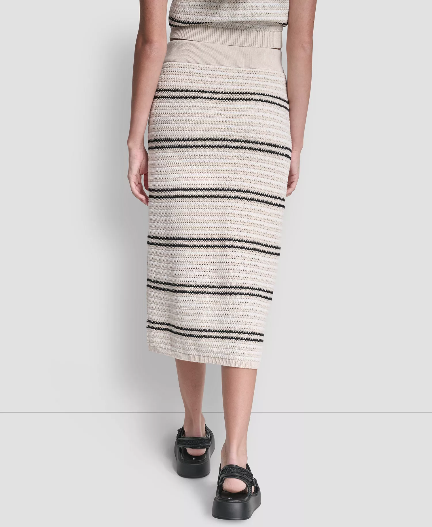 Women's Striped Pointelle Stitch Pull-On Midi Skirt - Natural/ivory/black - L