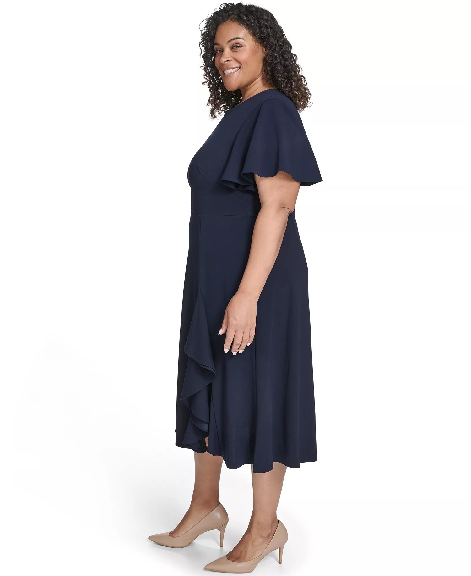 Plus Size Flutter Sleeve Round Neck Midi Dress - Indigo - 14W