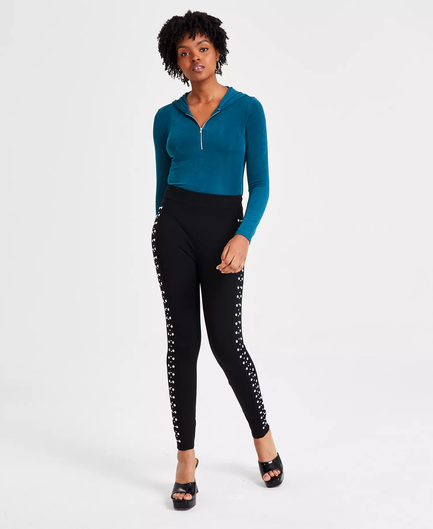 Women's Three-Row Studded Ponté-Knit Leggings, Created for Macy's - Deep Black - XXS