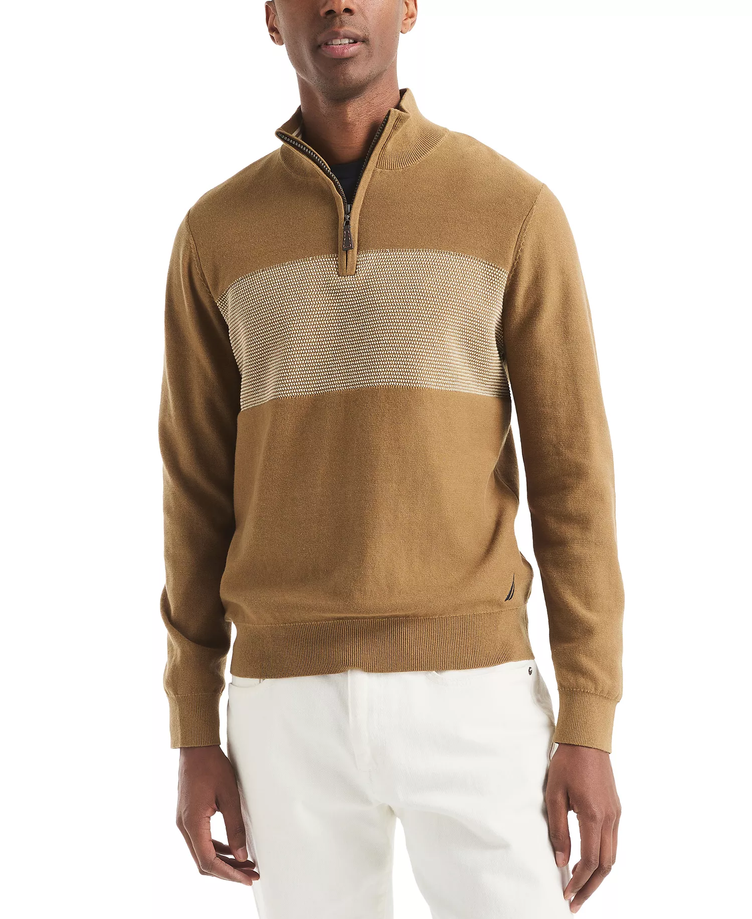 Men's Textured Quarter-Zip Colorblocked Sweater - Butternut - 2XL
