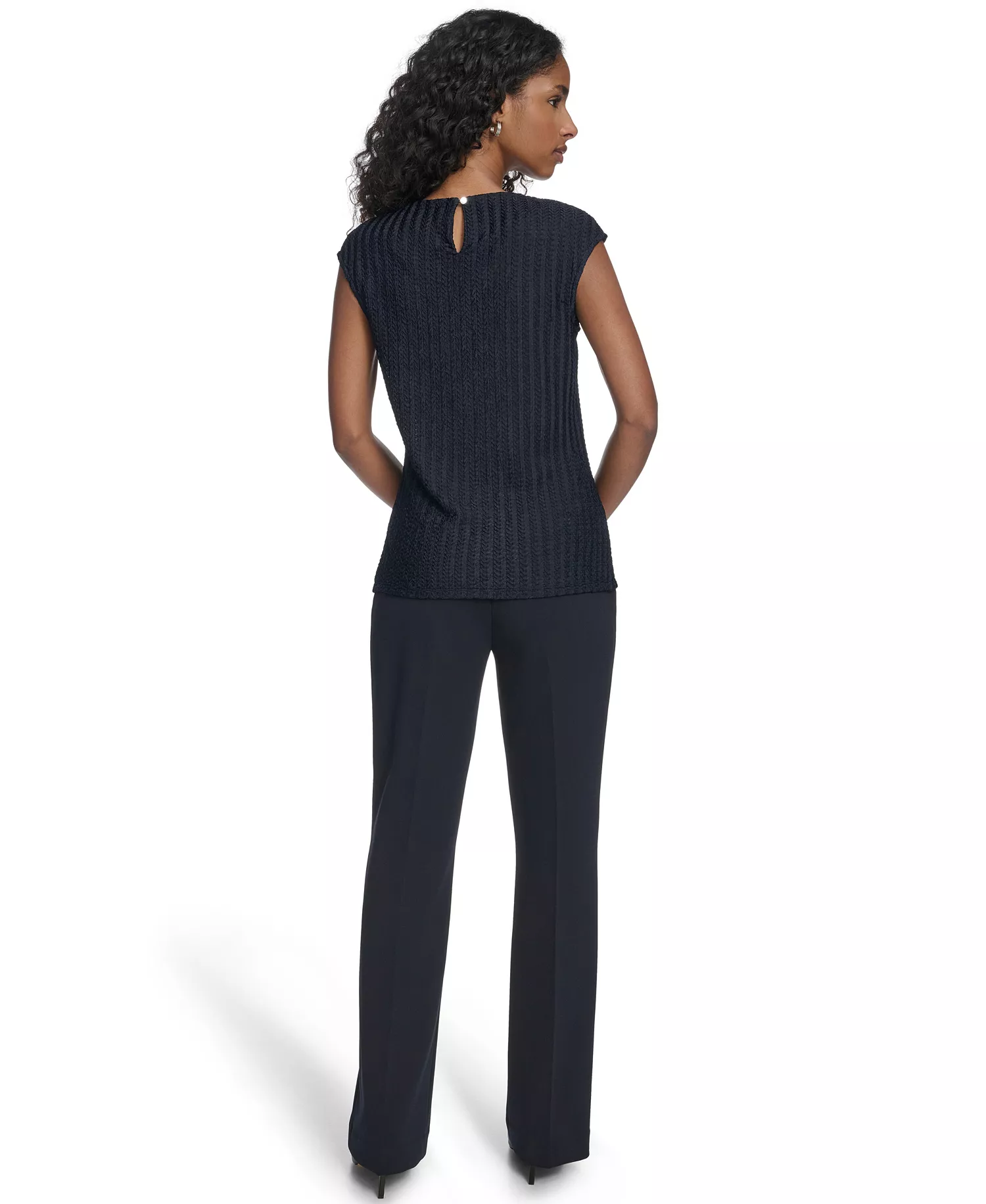 Women's Textured Cap Sleeve Top - Navy - L