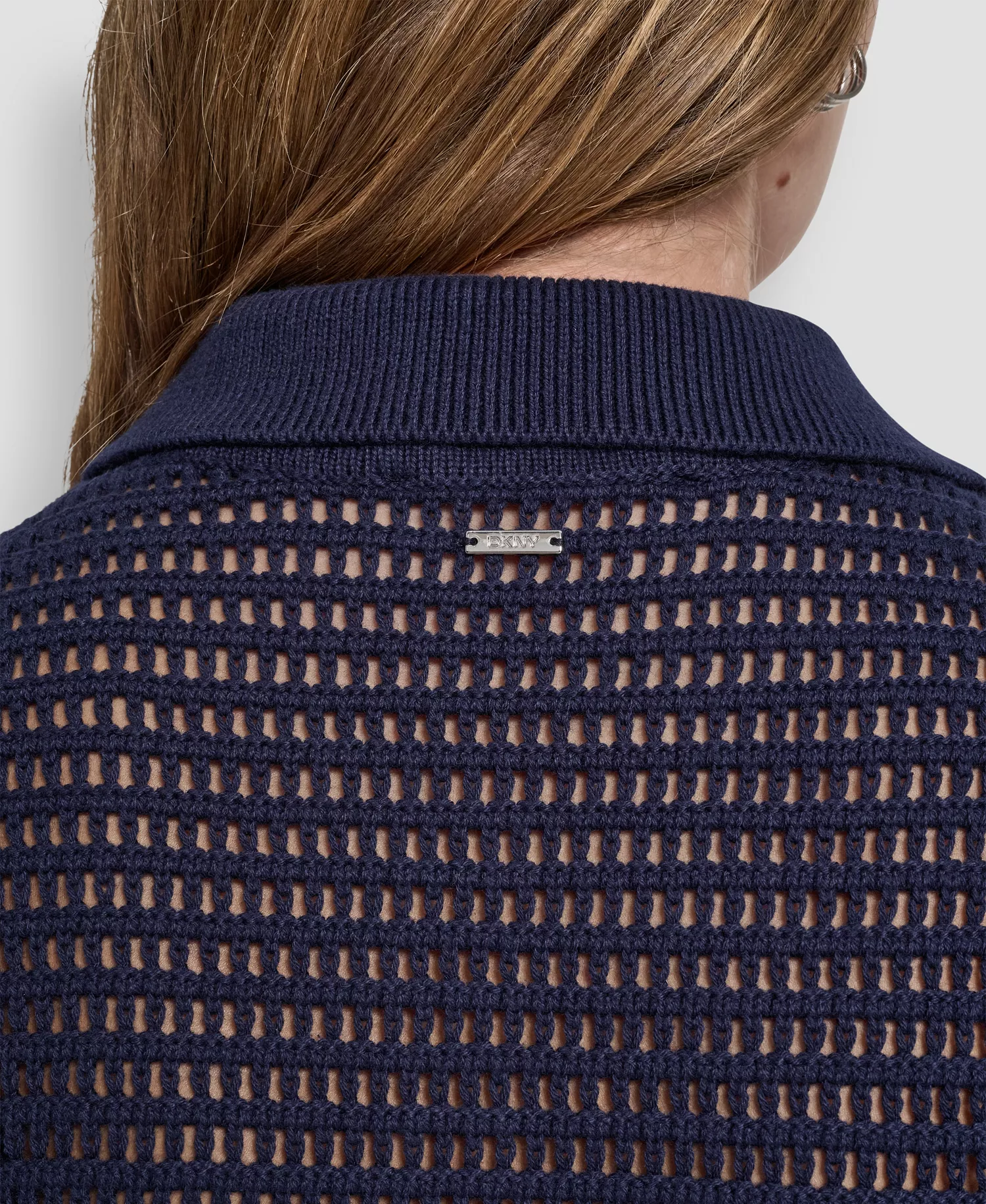 Women's Short-Sleeve Polo Collar Faux Crochet Stitch Short Dress - Peacoat - L