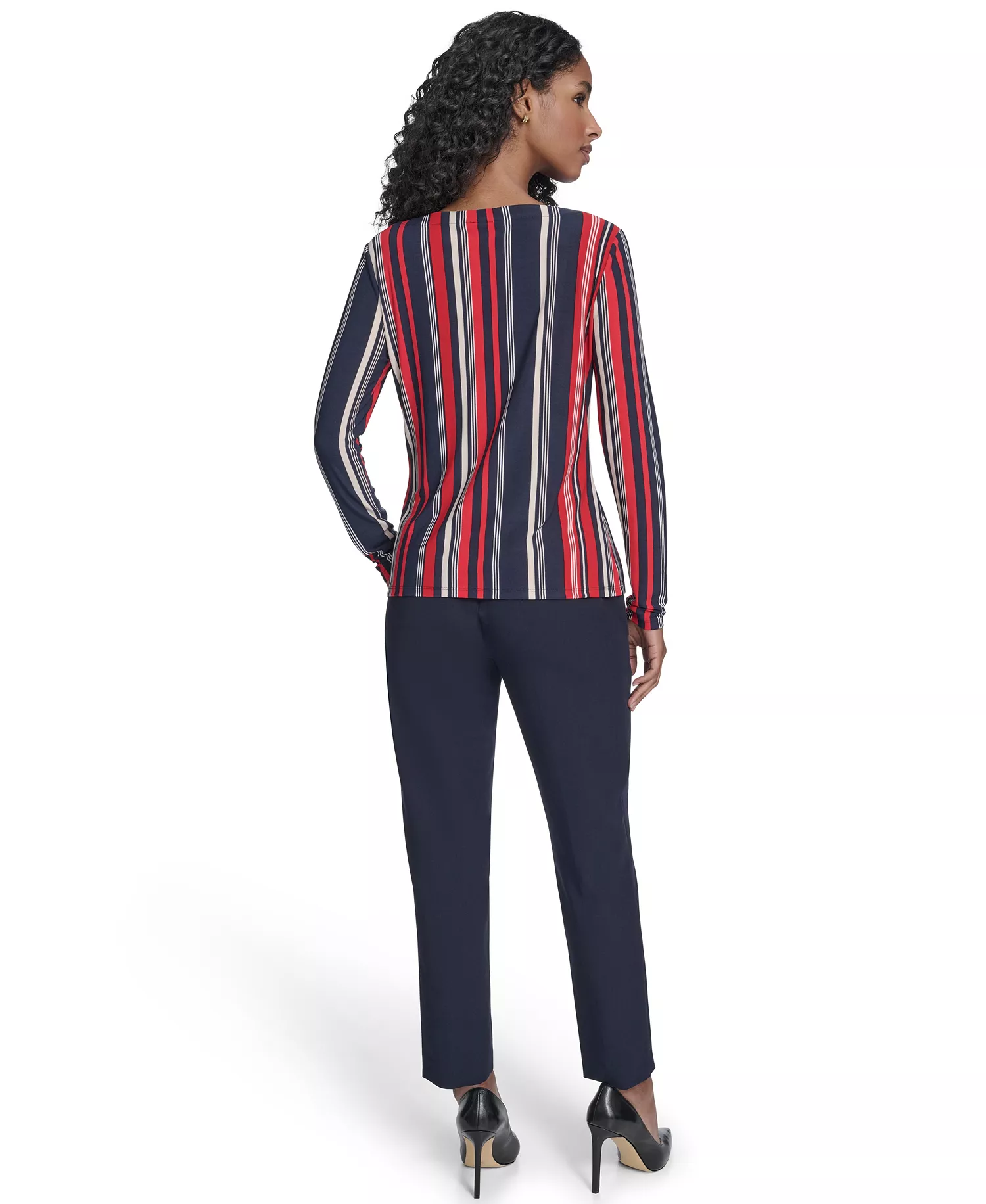 Women's Striped Long Sleeve Boat Neck Top - Midnight/ Scarlet - L