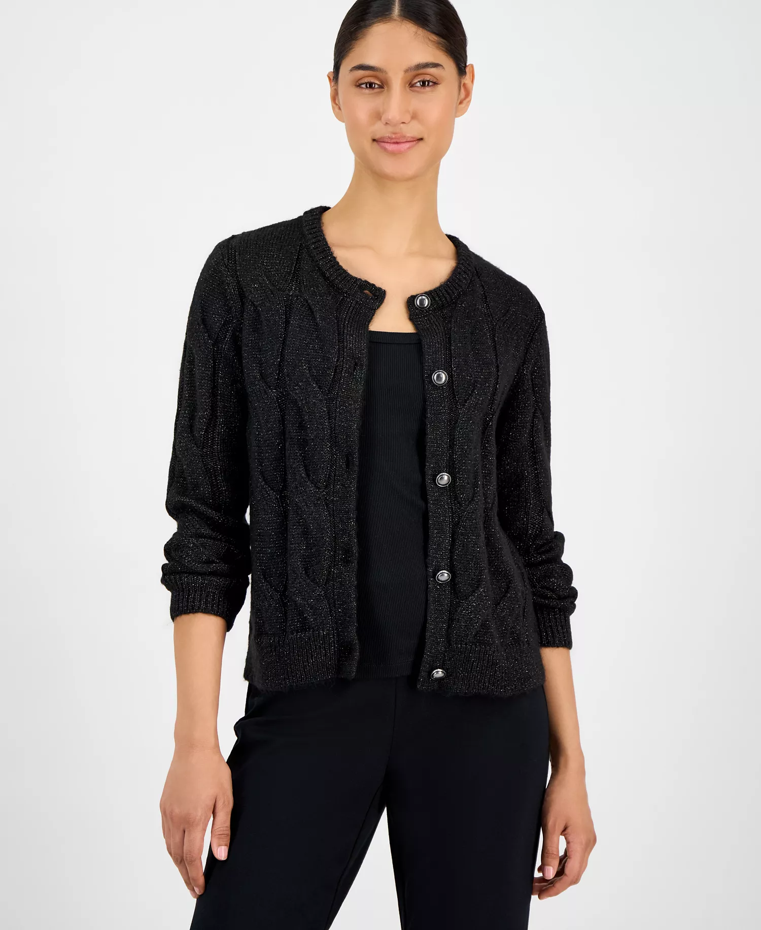 Women's Metallic Cable-Knit Cardigan - Gunmetal Lurex - L