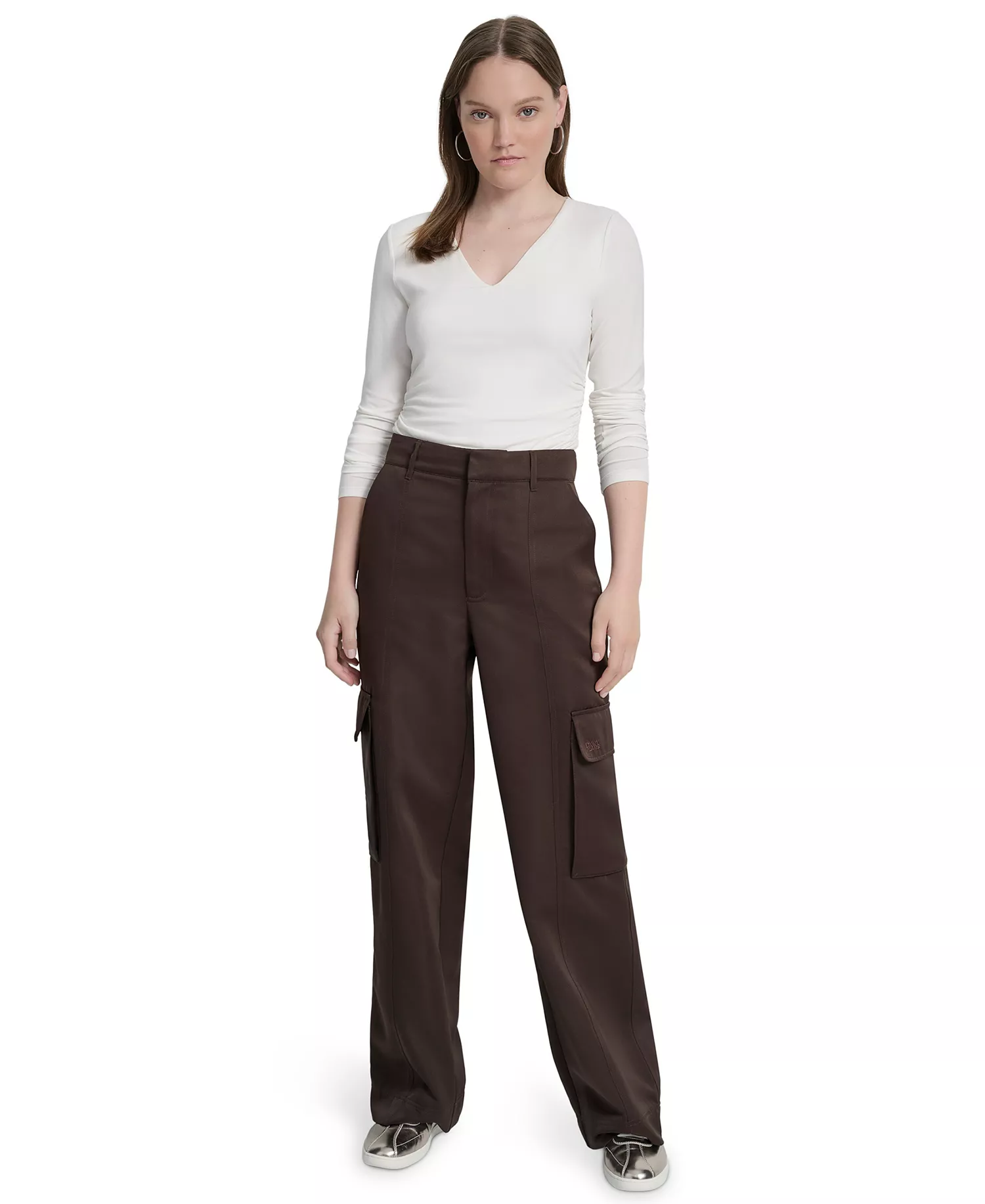 Women's High Waist Wide Leg Cargo Pants - Espresso - 10