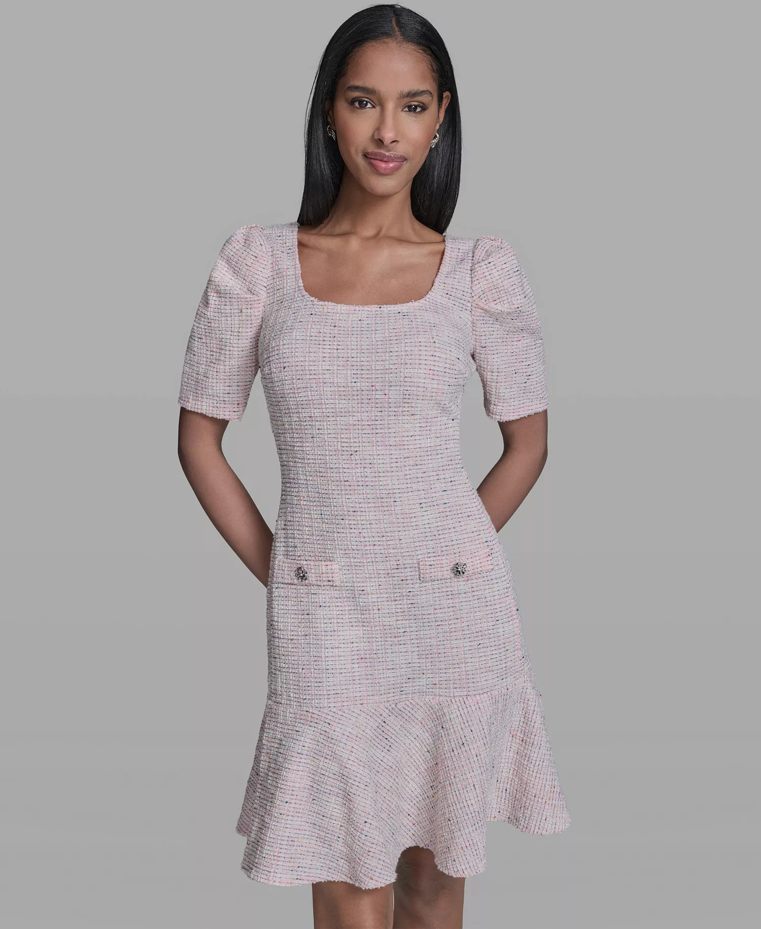 Women's Flounce Hem Square Neck Dress - Pink Multi - 0