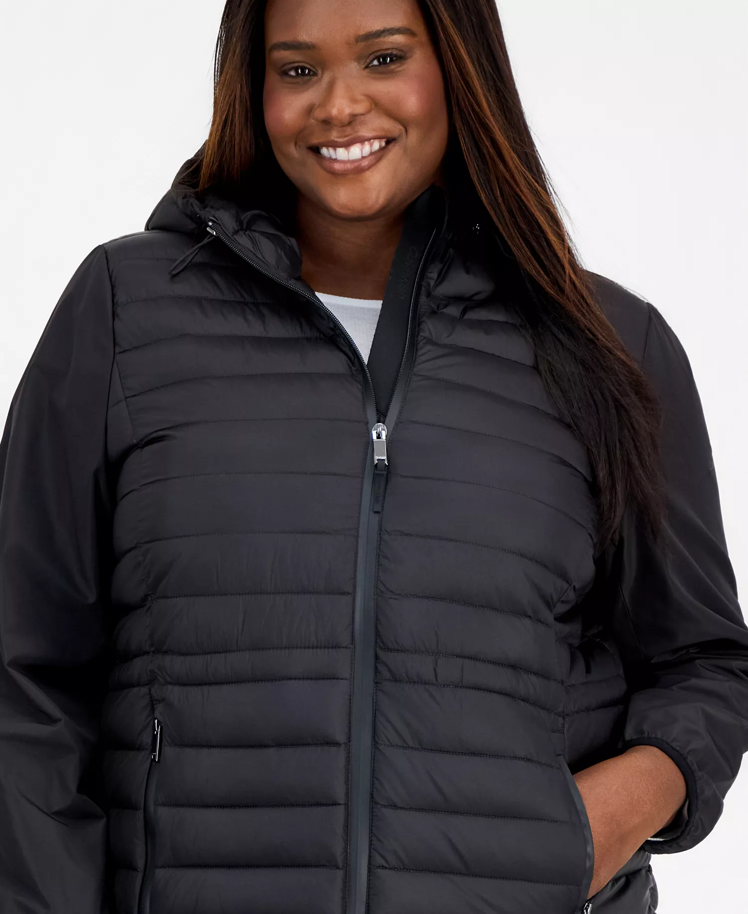 Plus Size Mixed-Media Packable Coat - BLACK - 0X