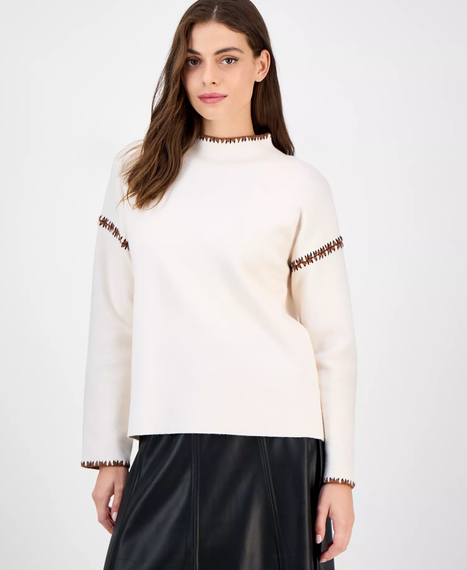 Women's Mock-Neck Embroidered-Stitch Sweater - Cream - M