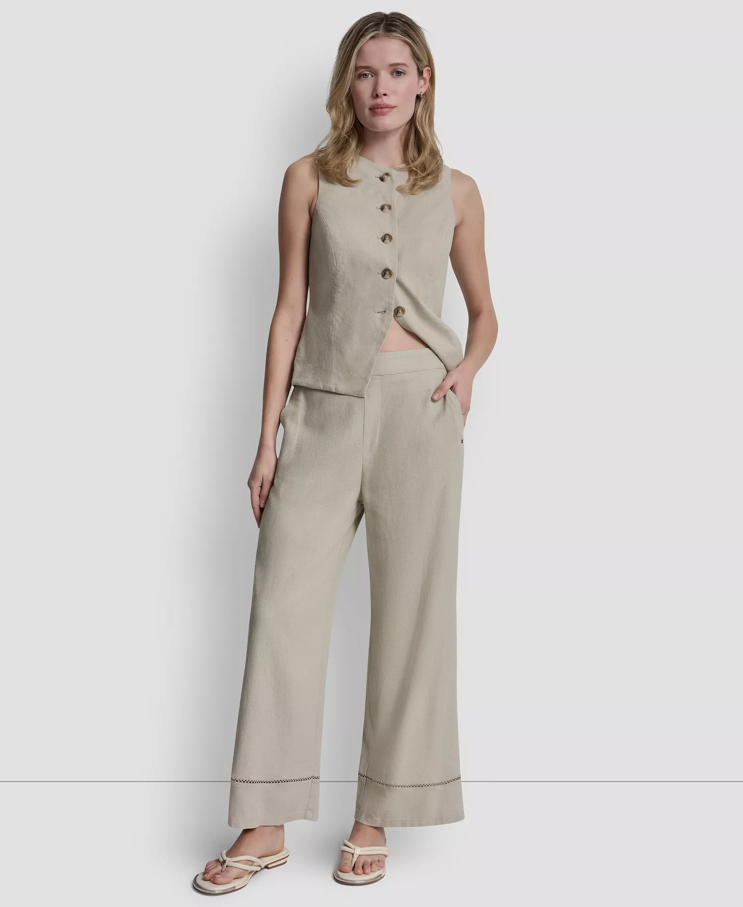 Women's High Rise Linen-Blend Pull-On Wide Leg Ankle Pants - Ivory - L