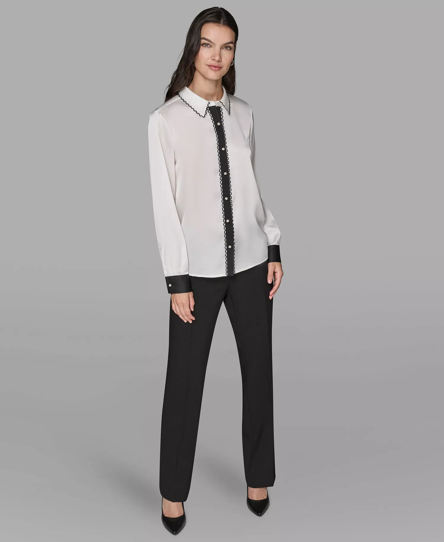 Women's Color Block Long Sleeve Top - Soft White/Black - L