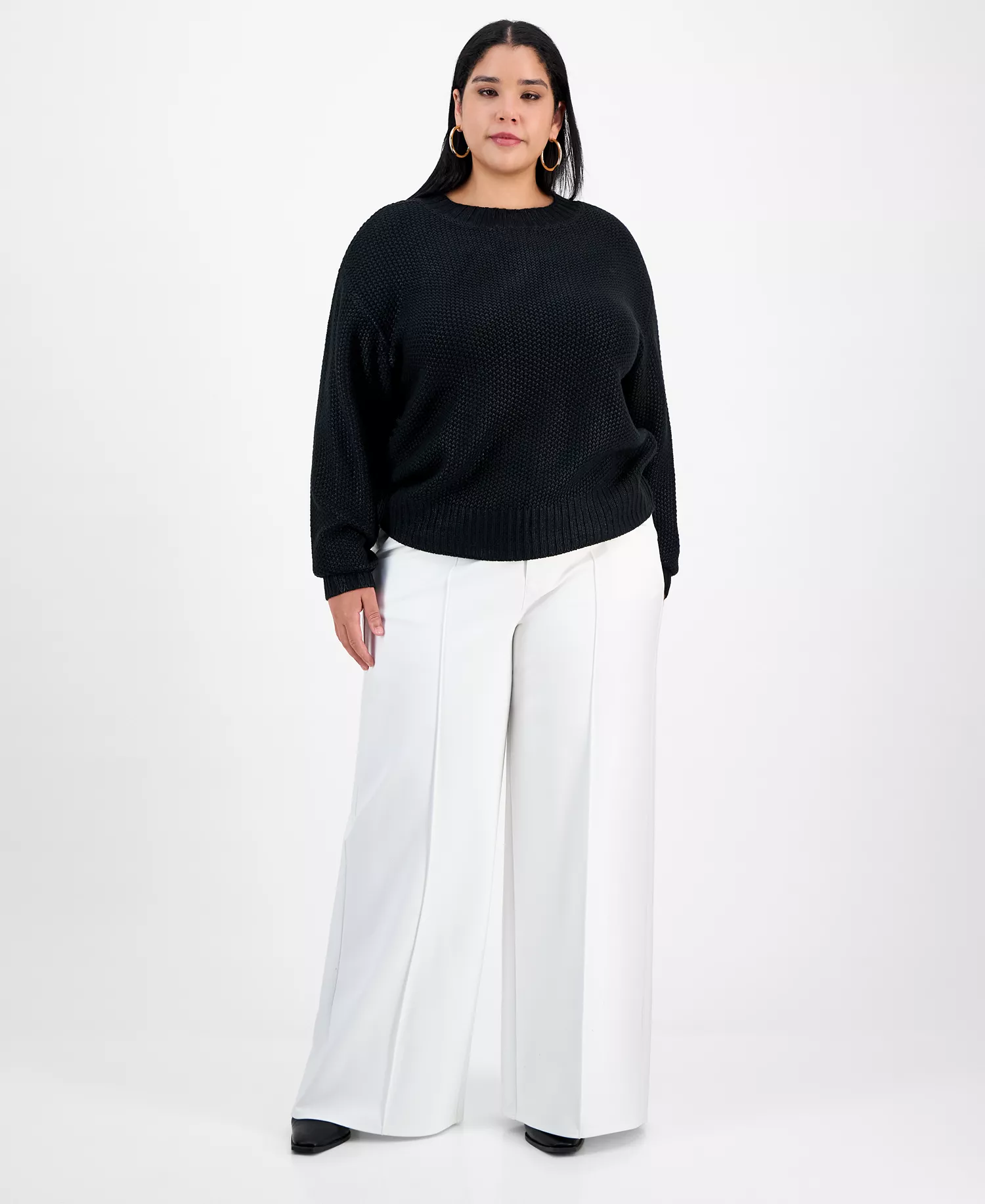 Trendy Plus Foil-Print Drop-Shoulder Crewneck Sweater, Macy's Exclusive - Black - 0X