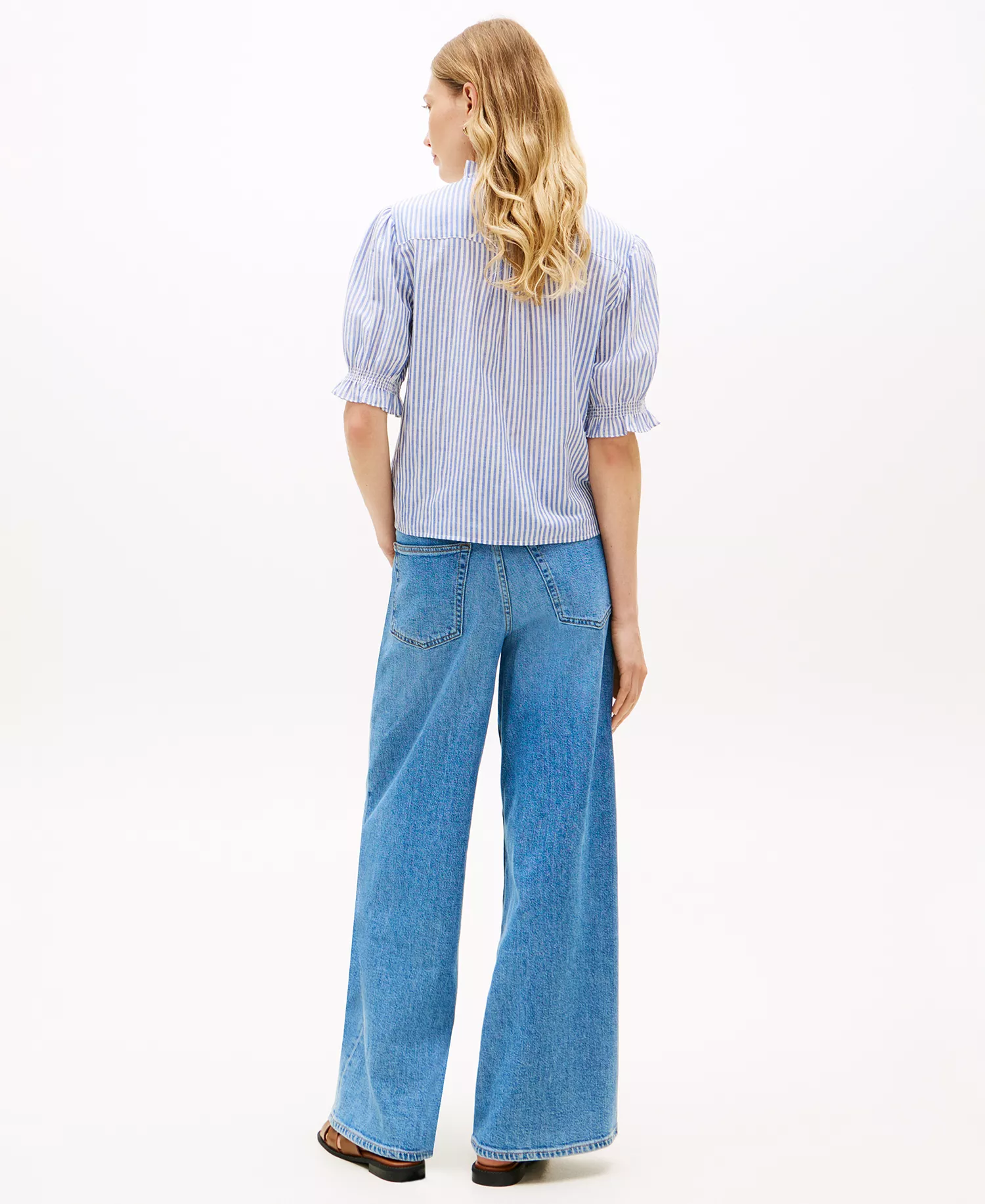 Women's Pin Tuck Cambric Short-Sleeve Blouse - Blue - L