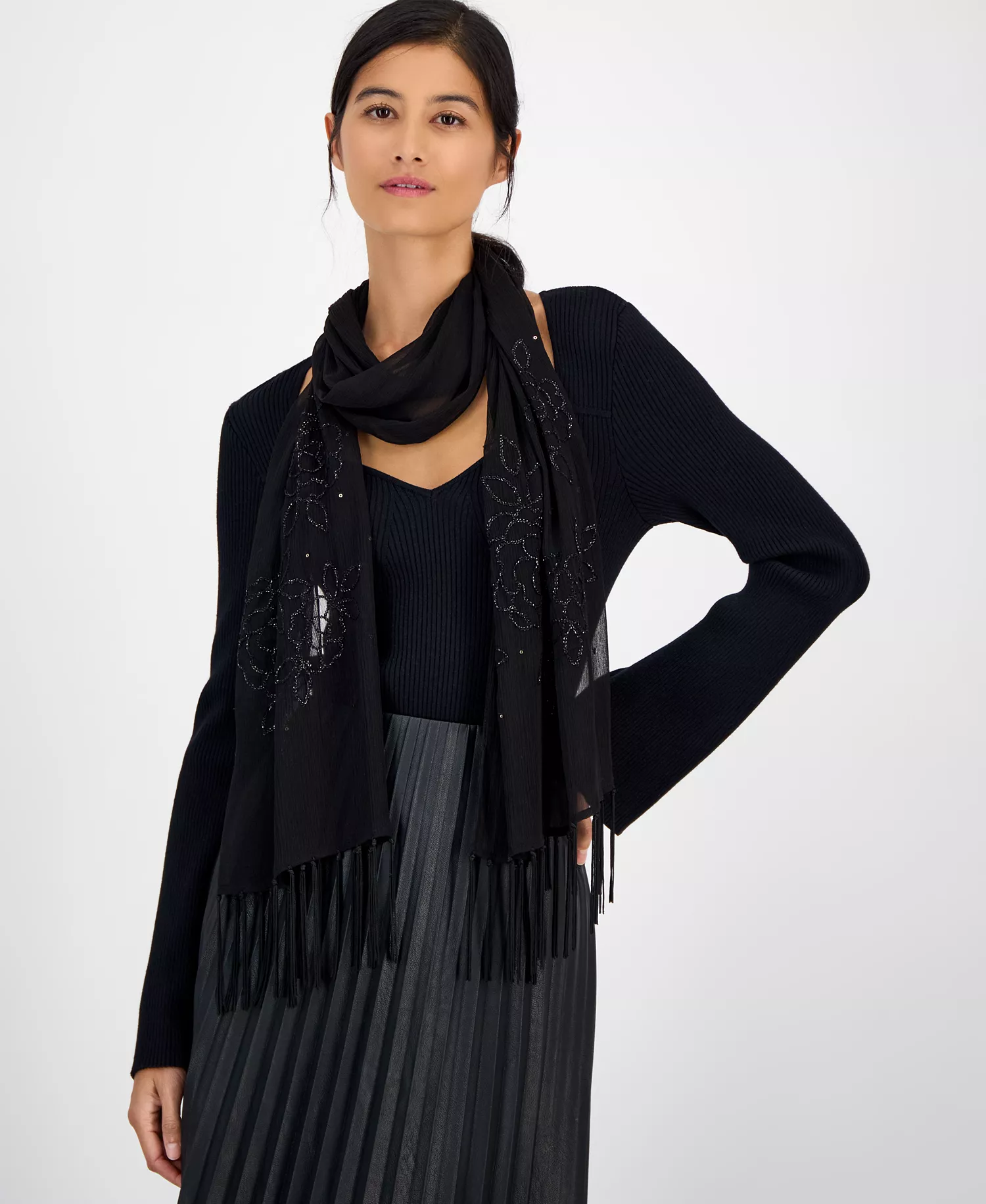 Beaded Fringe Evening Wrap, Macy's Exclusive - Black - ONE SIZE