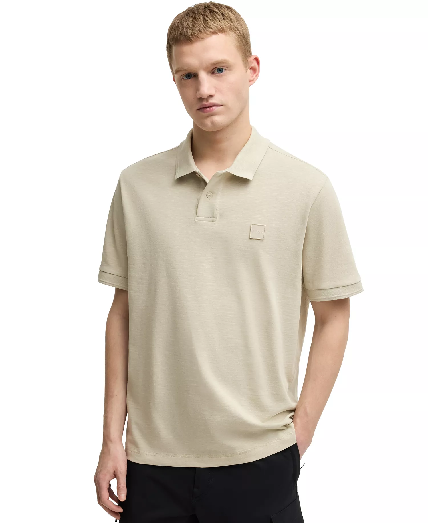 Men's Logo Badge Slub Cotton-Linen Polo Shirt - Open Beige - L