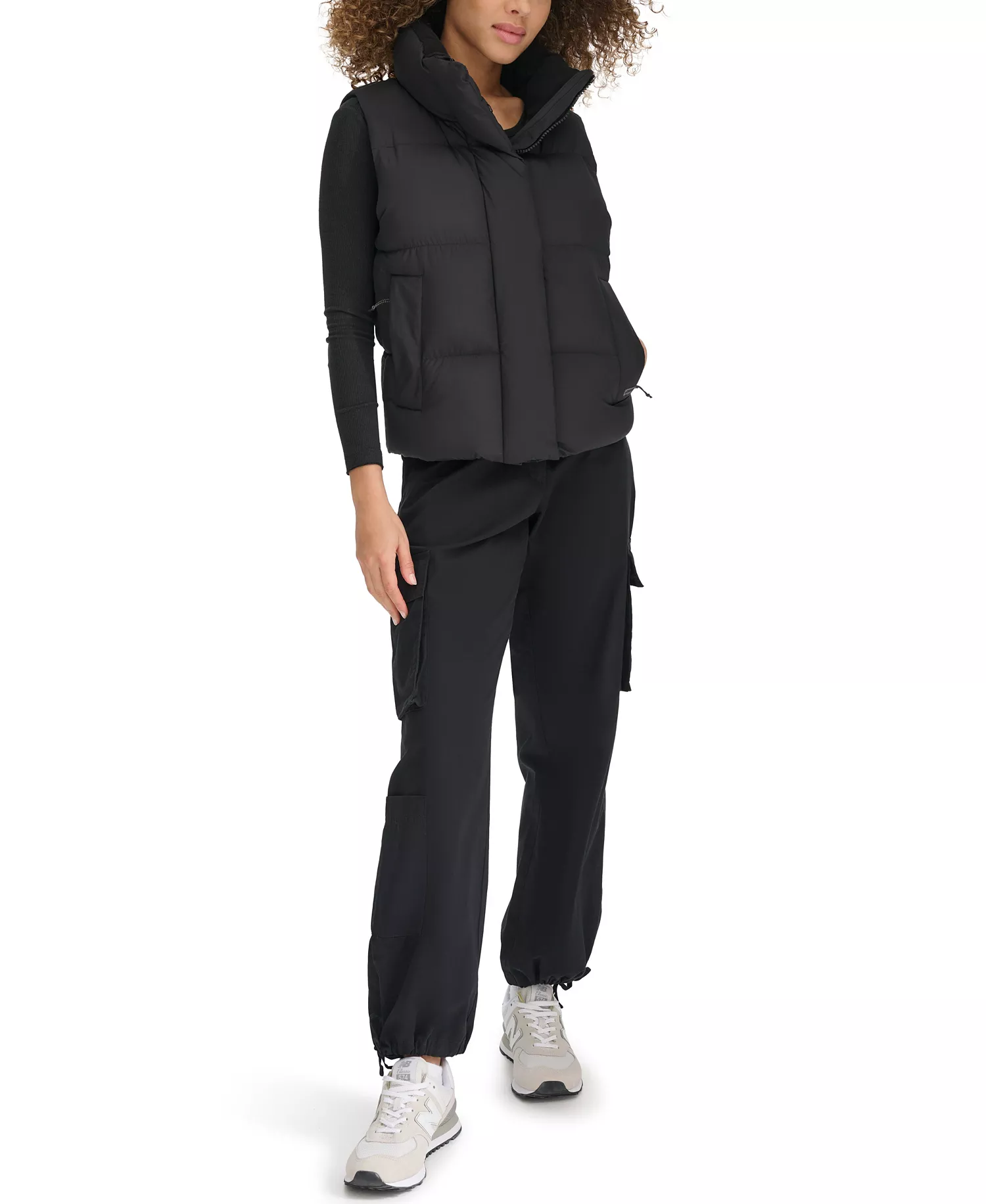 Women's Stand Collar Puffer Vest - Black - L