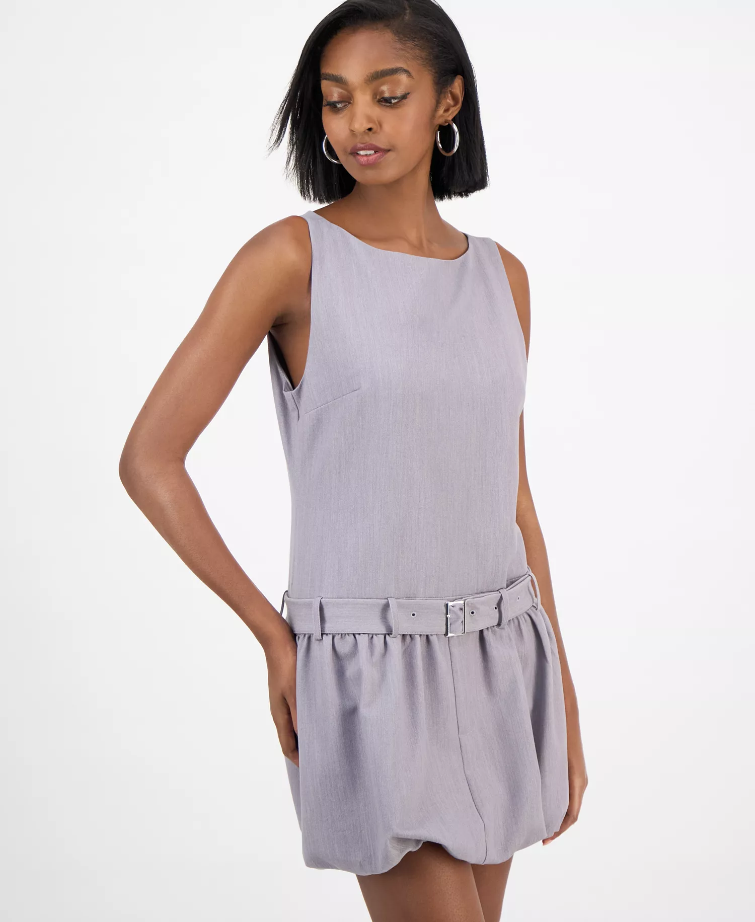 Women's Belted Bubble-Hem Minidress, Macy's Exclusive - Mercury Grey - L
