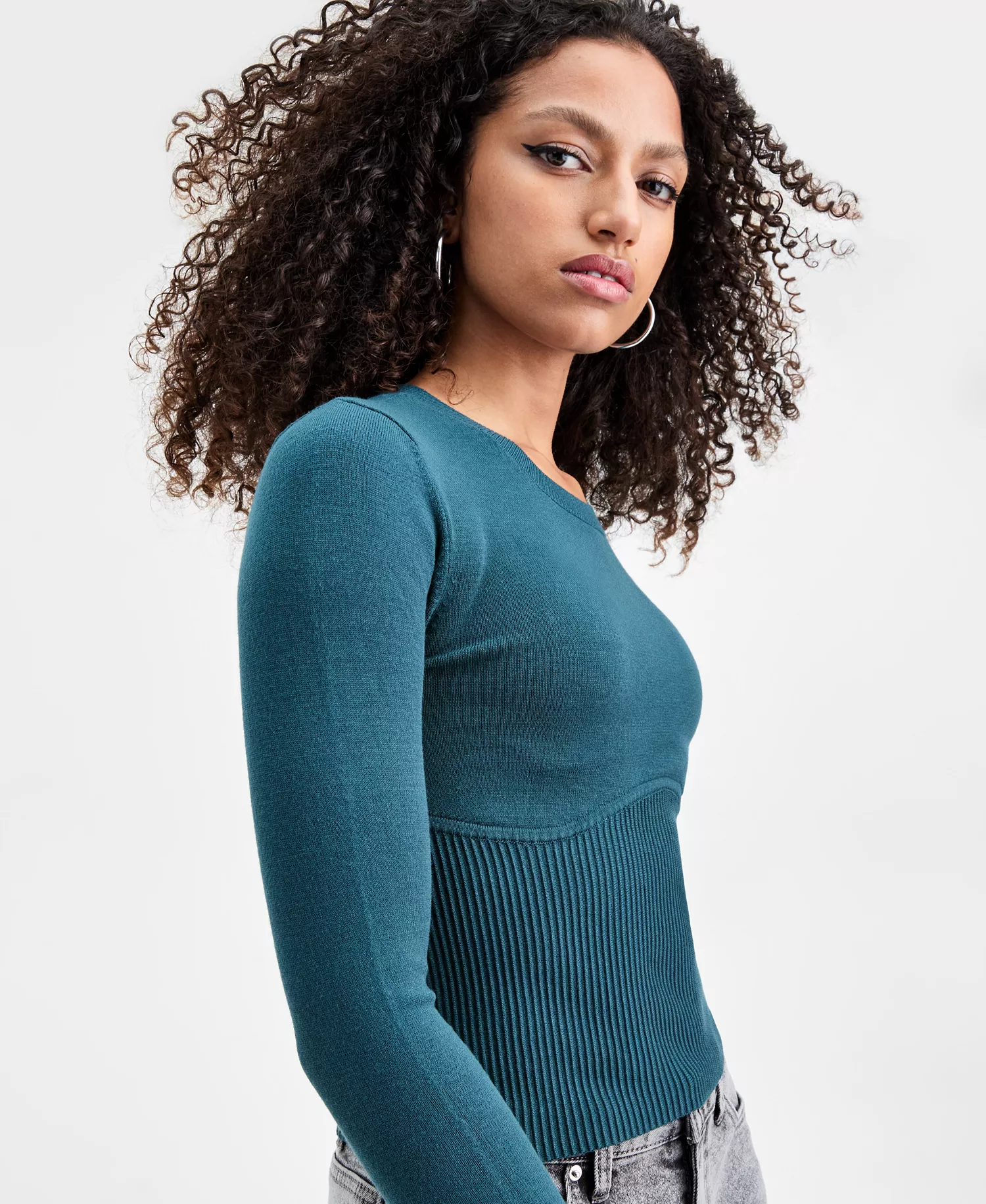 Women's Corset-Inspired Long-Sleeve Sweater, Macy's Exclusive - Dark Spruce - L