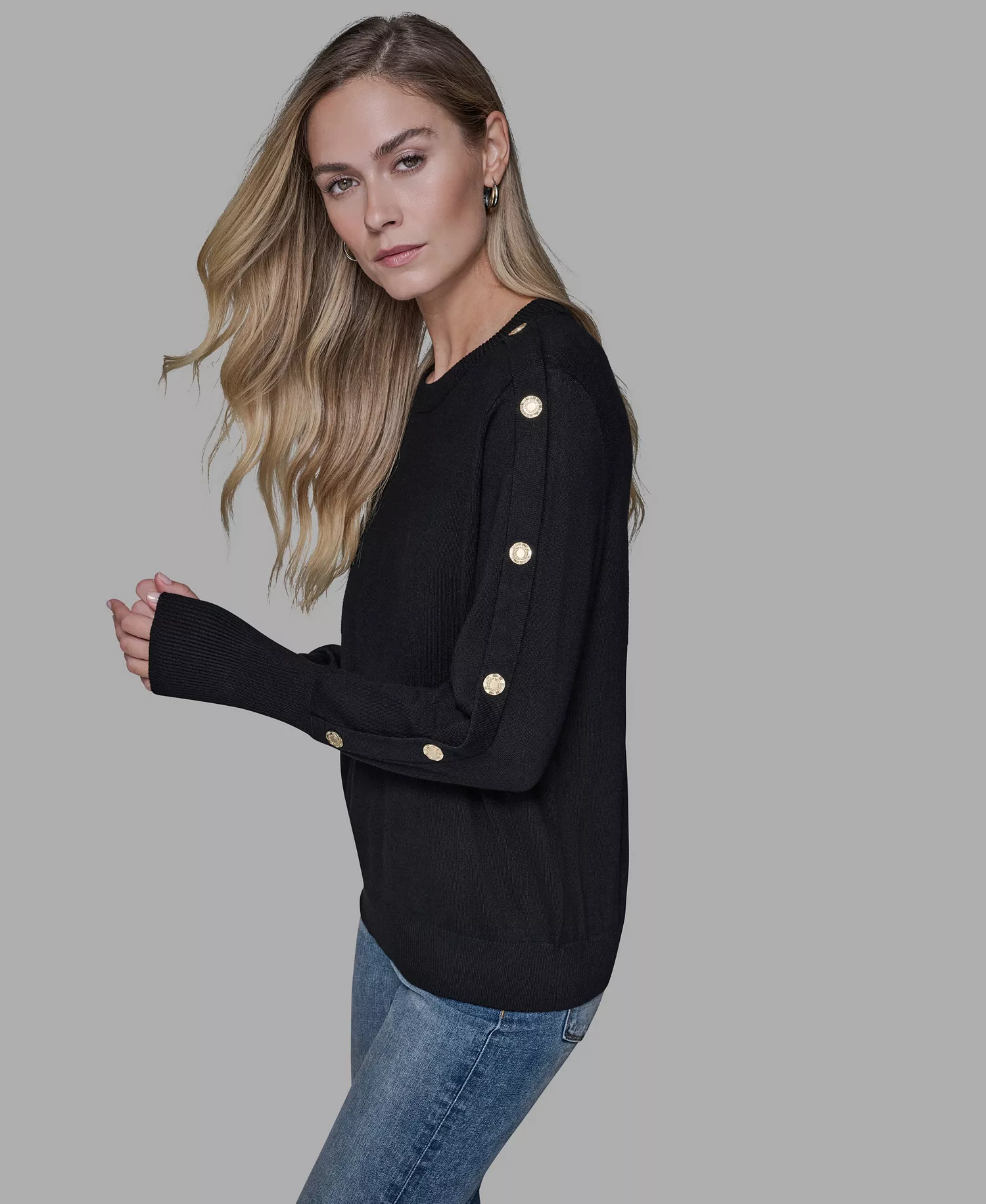 Women’s Black Button-Detail Crewneck Sweater - Black - S