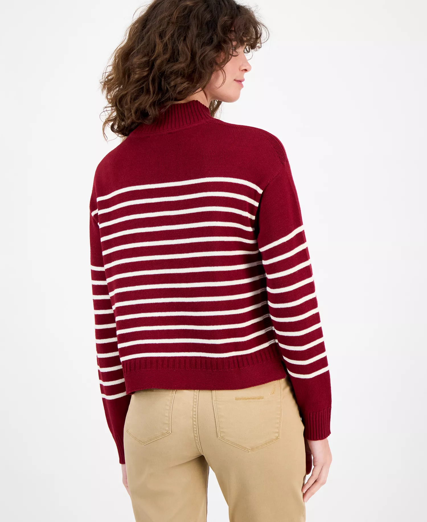 Nautica Women's Mock-Neck Stripe Long-Sleeve Sweater  - Deep Rouge/ White Swan - S