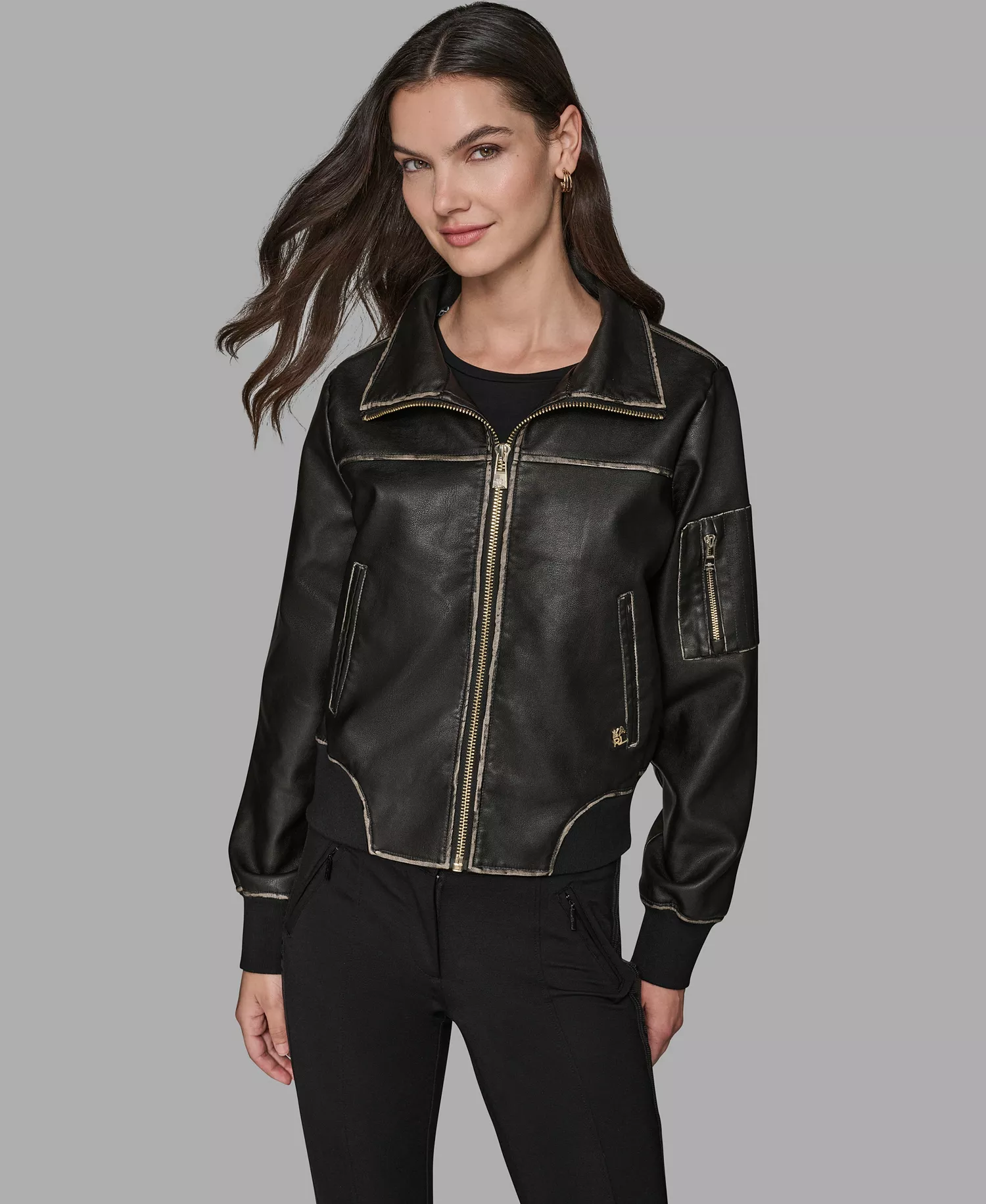 Women's Knit-Trim Faux-Leather Jacket - Black - L