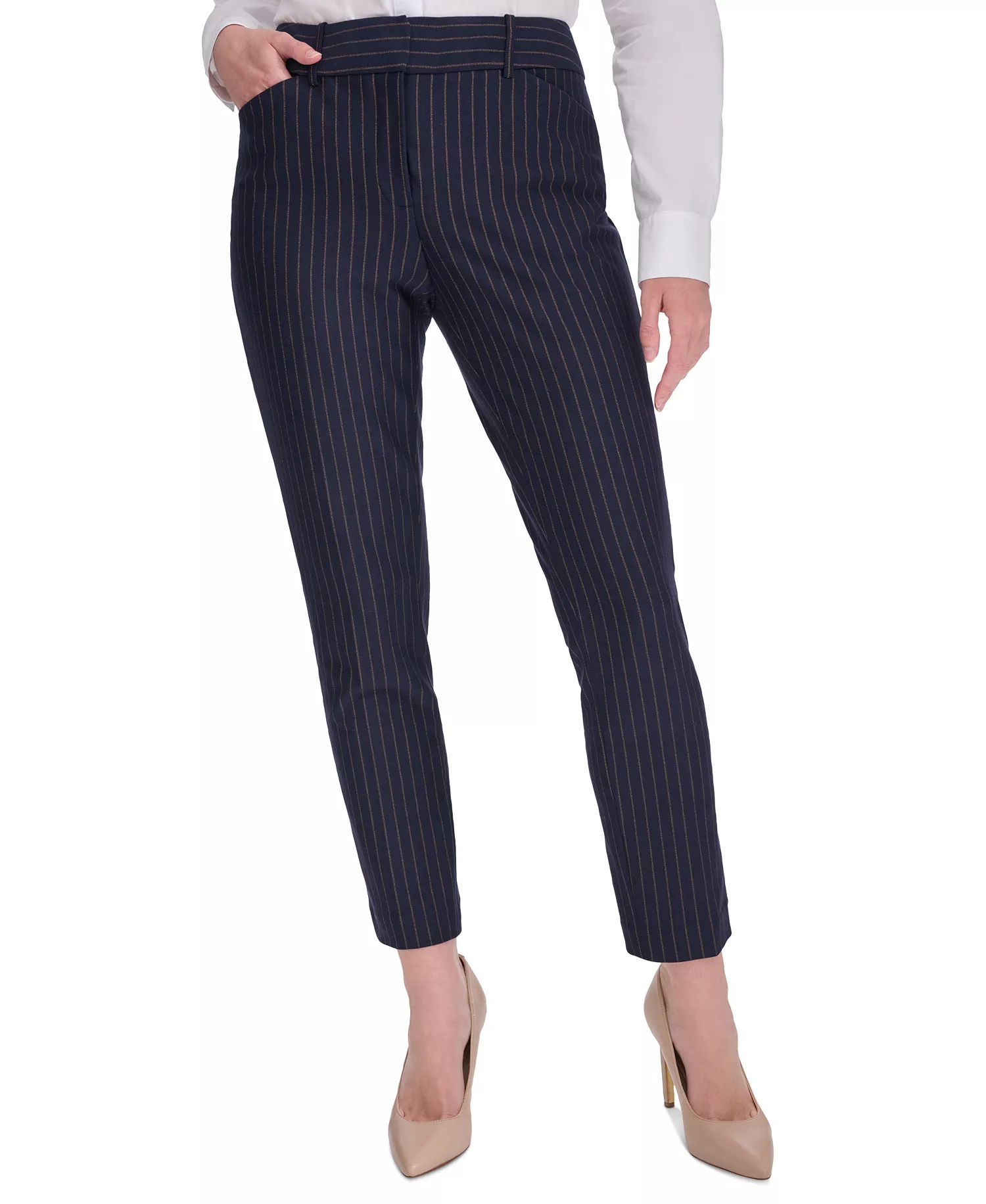 Women's Pinstripe Mid-Rise Ankle-Length Pants - Mdngt/taba - 0