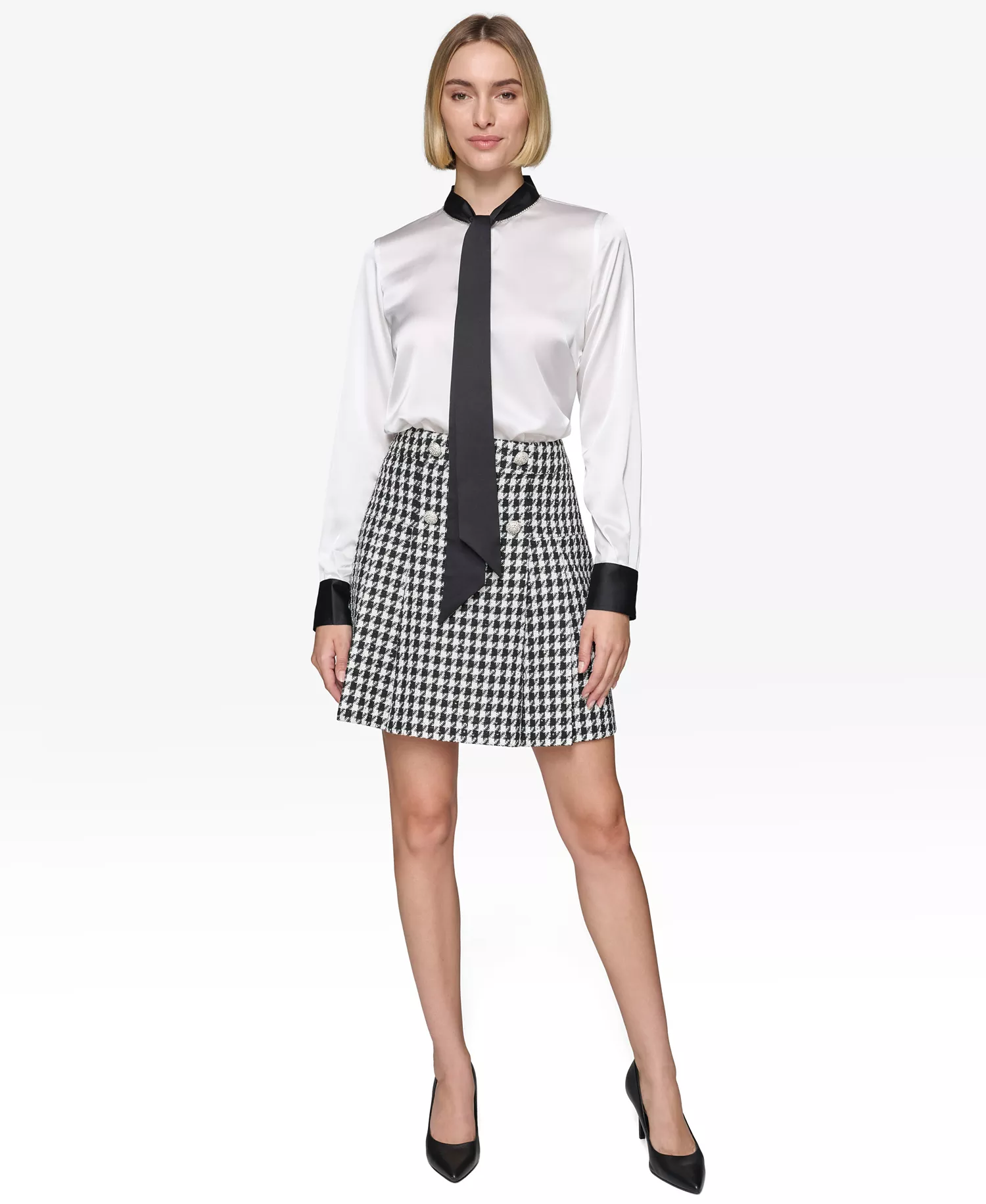 Women's Tie-Neck Long-Sleeve Satin Blouse  - Soft White - L