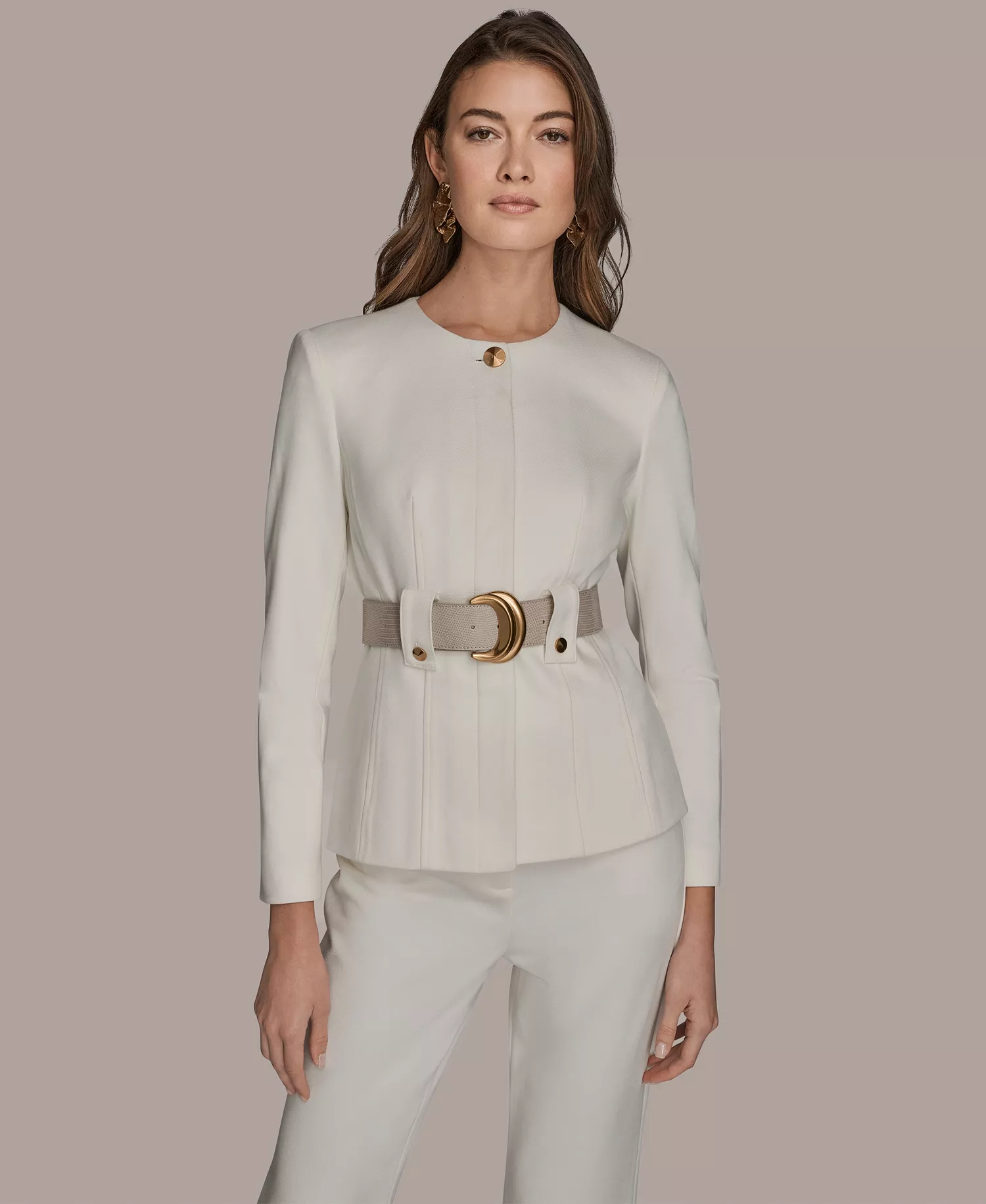 Women's Belted One Button Jacket and Flared Mid-Rise Pants - Cream - 10