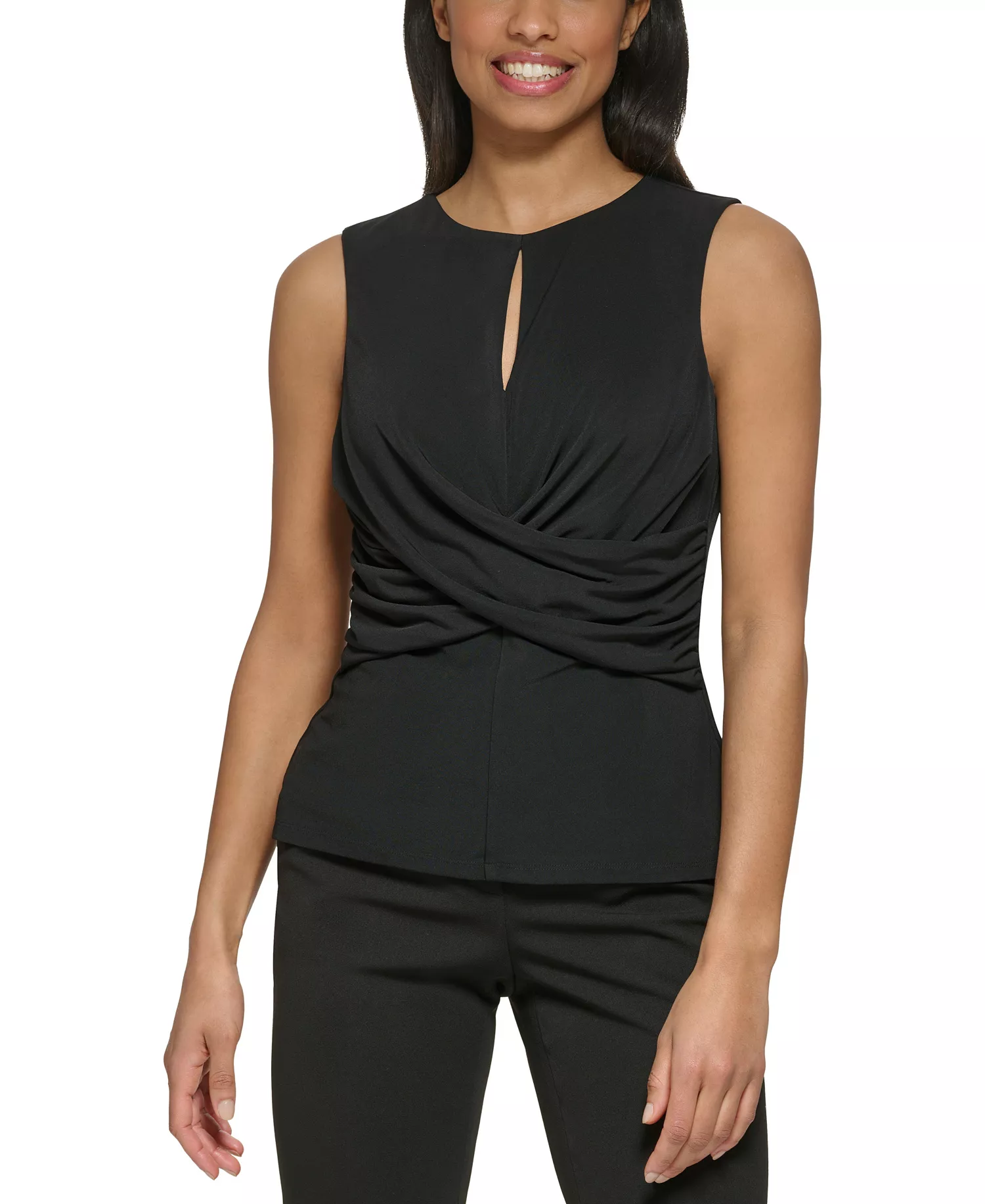 Petite Sleeveless Round Neck Keyhole Criss Cross Wrap Top - Black - P/L
