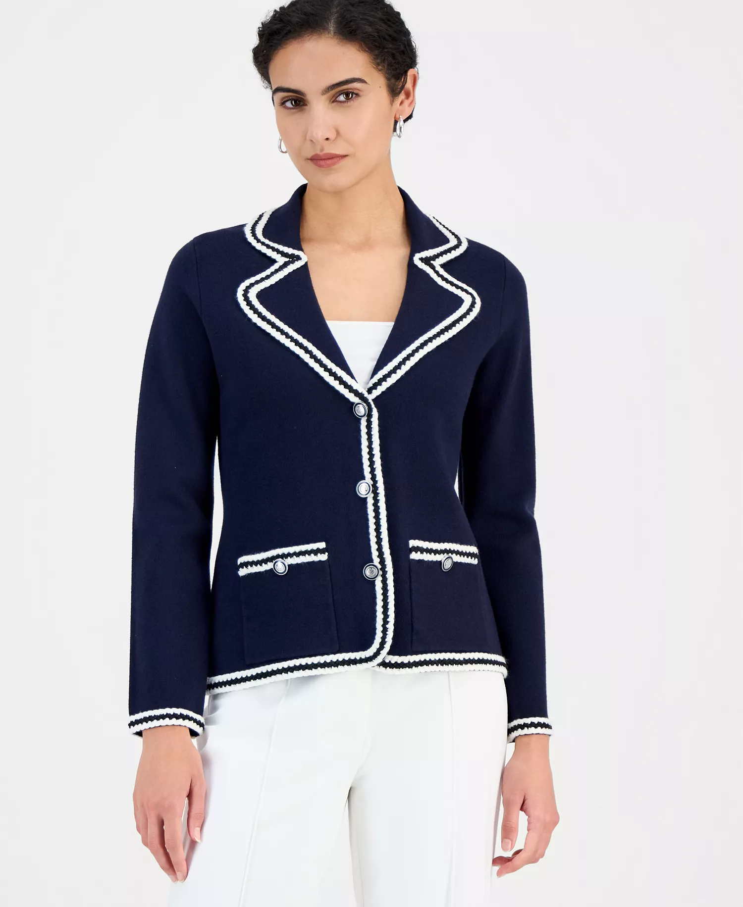 Women's Three-Button Colorblocked-Trim Jacket - Navy/white - L