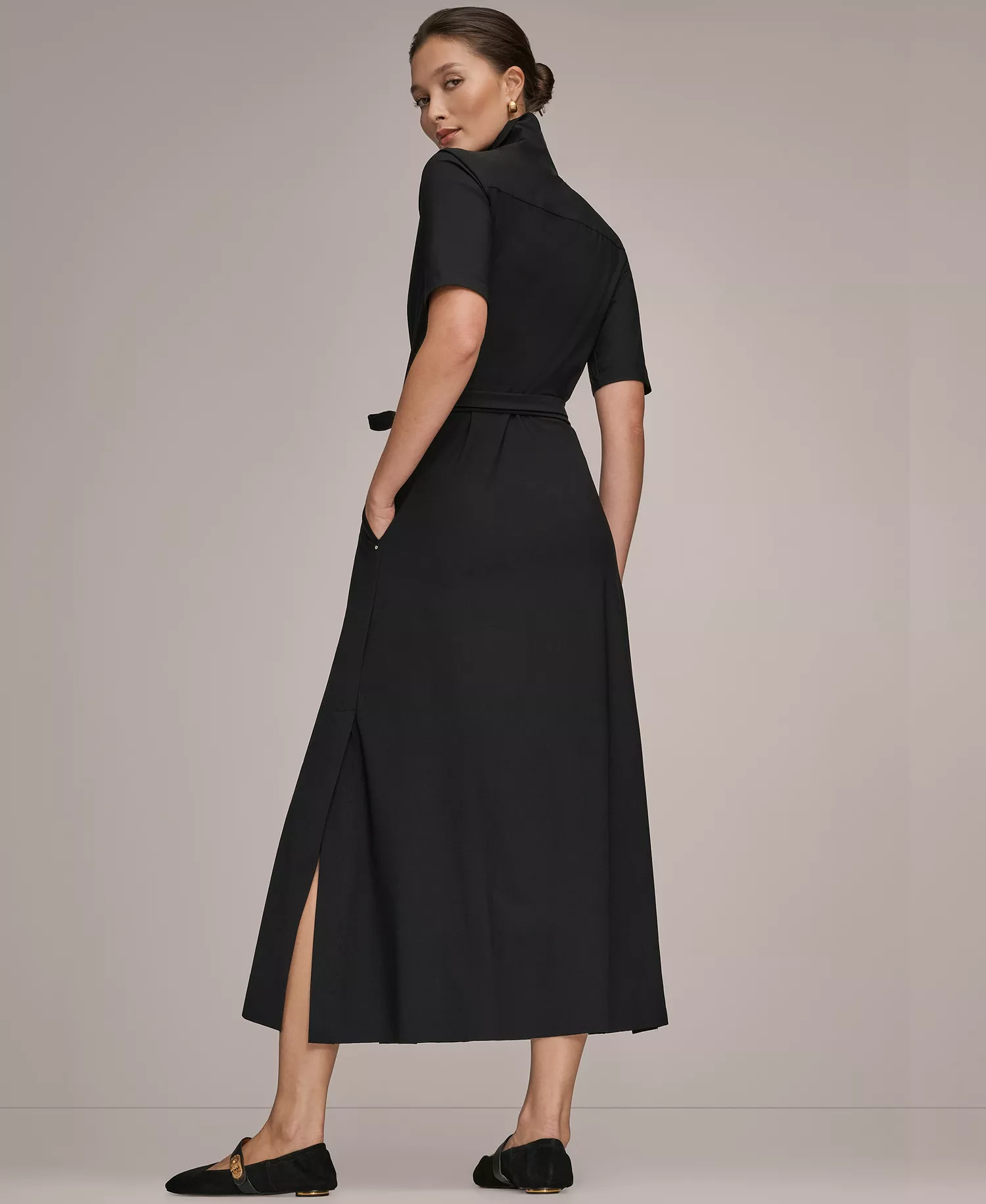 Women's 4-way Stretch Knit Elbow-Sleeve Collared Polo Dress - Black - 10