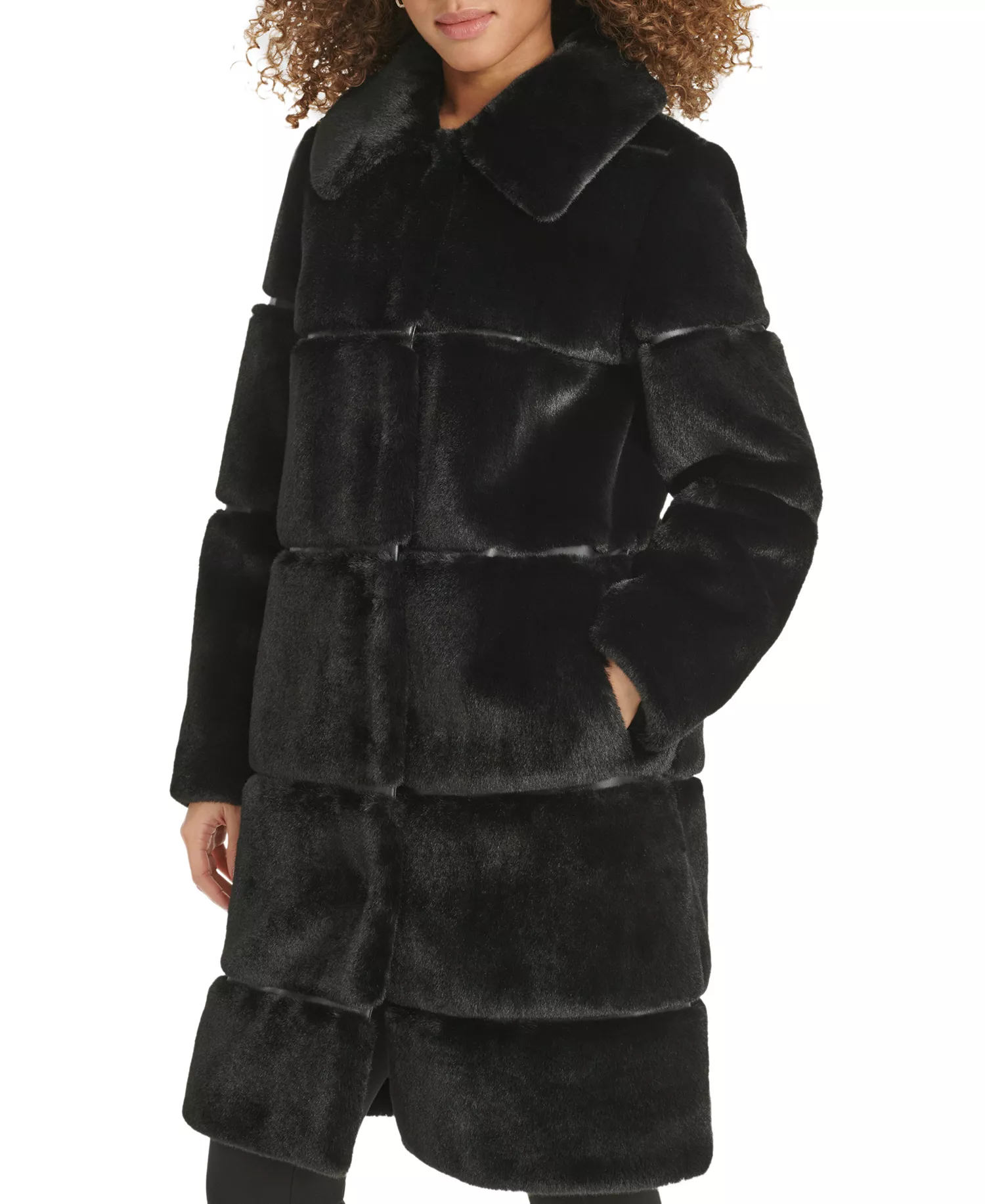 Women's Faux-Leather Trim Faux-Fur Coat - Black - L