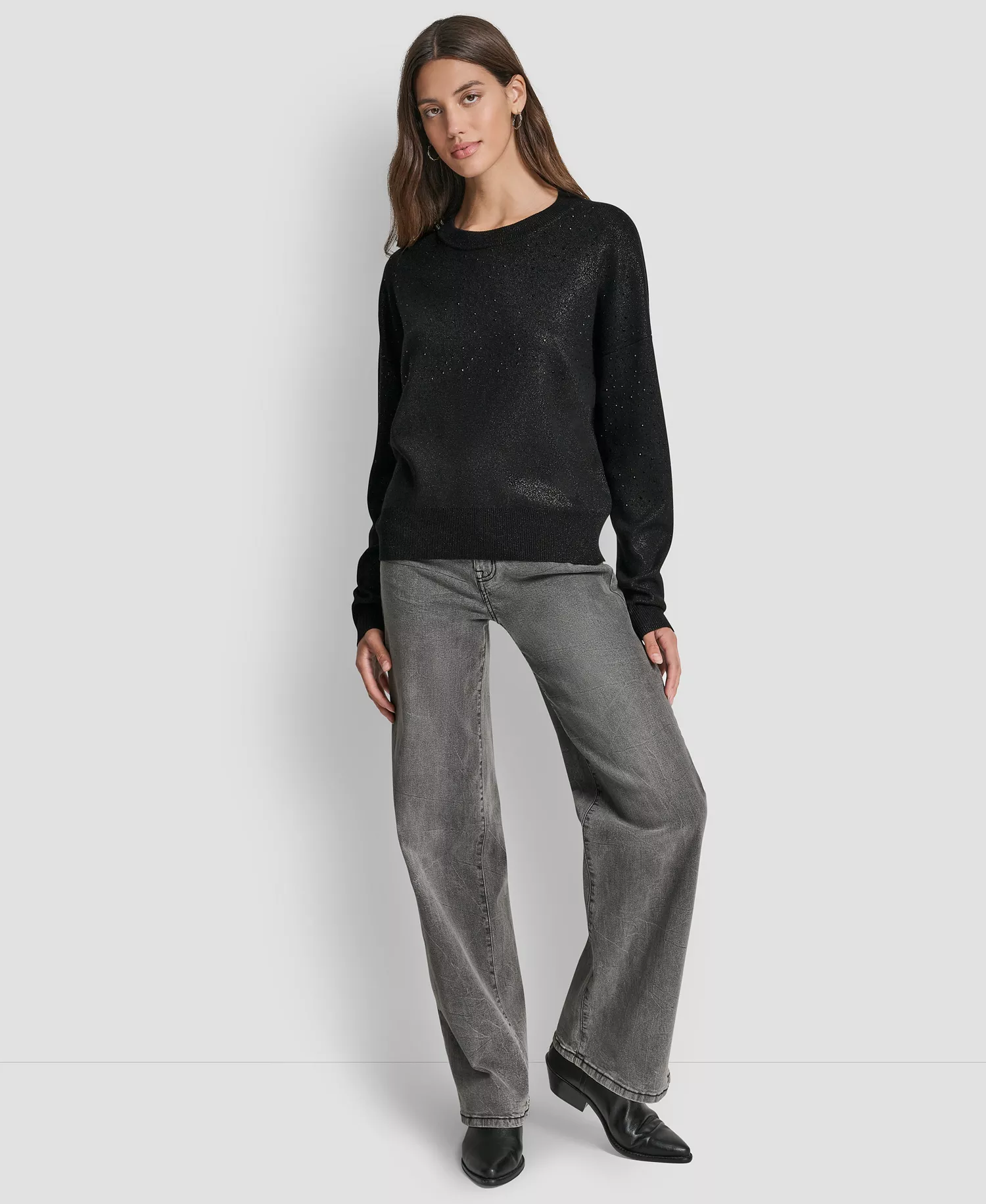 Women's Sparkle Hotfix Long Sleeve Sweater - Black - L