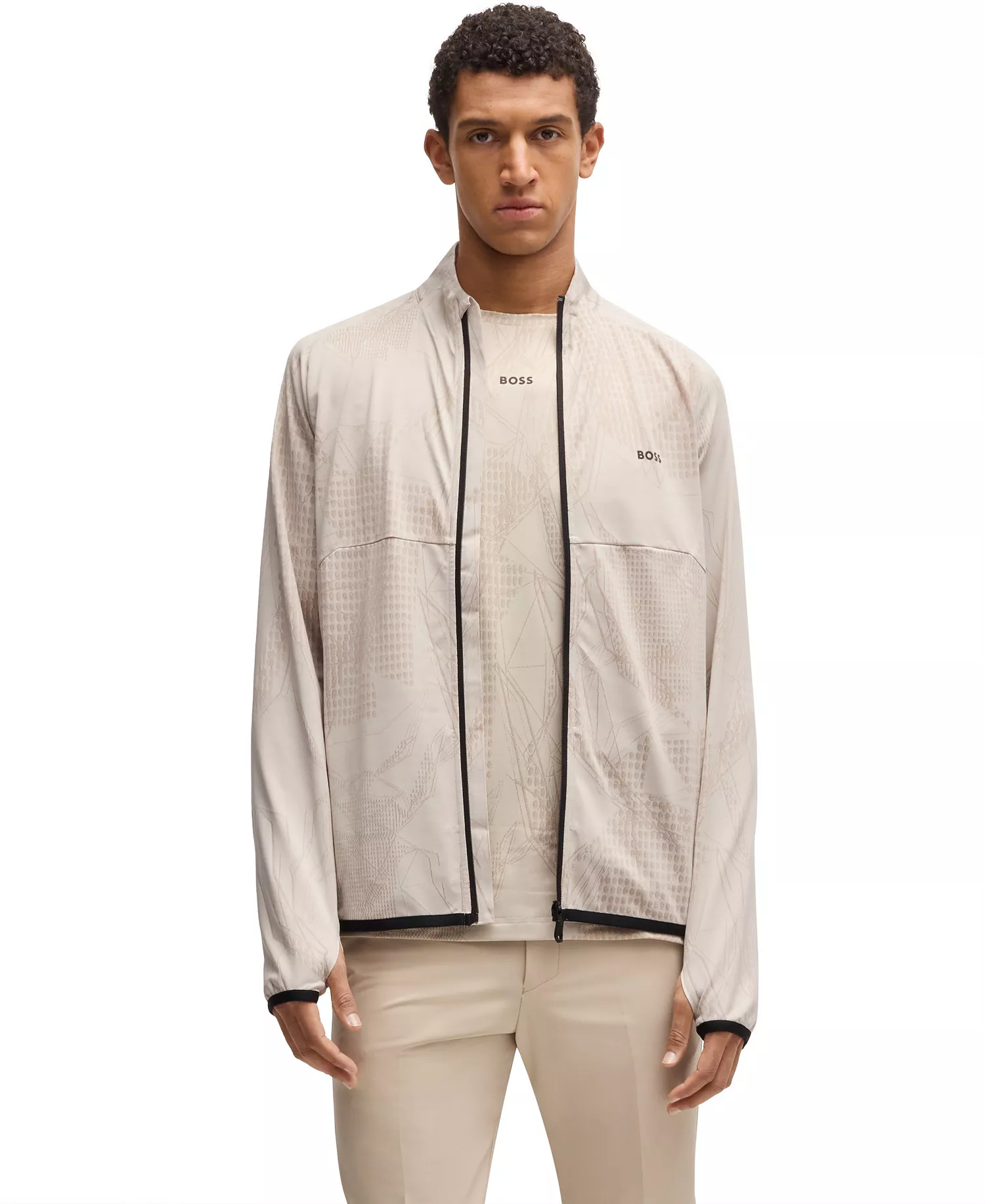 Men's Jacquard Pattern Active Zip-Up Sweatshirt - Open Beige - 2XL