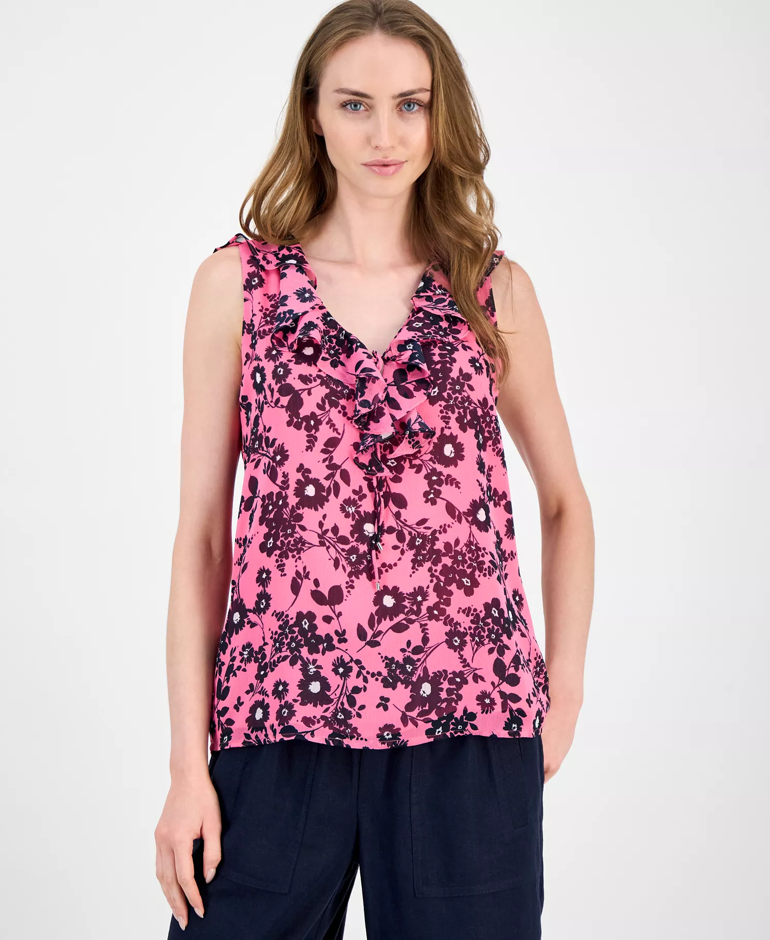 Women's Floral Ruffled Tie-Neck Top - Dahlia/ Sky Captain - M