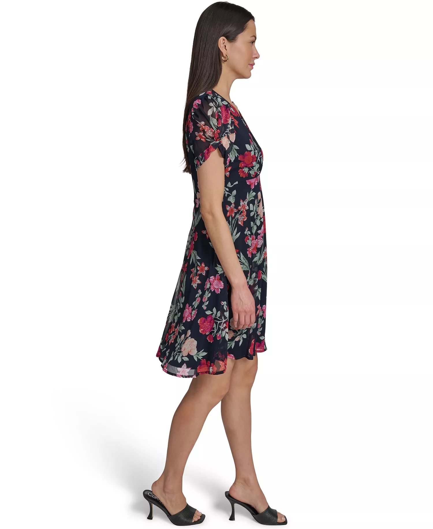 Petite Knot-Sleeve Printed Dress - Indigo Multi - 0P