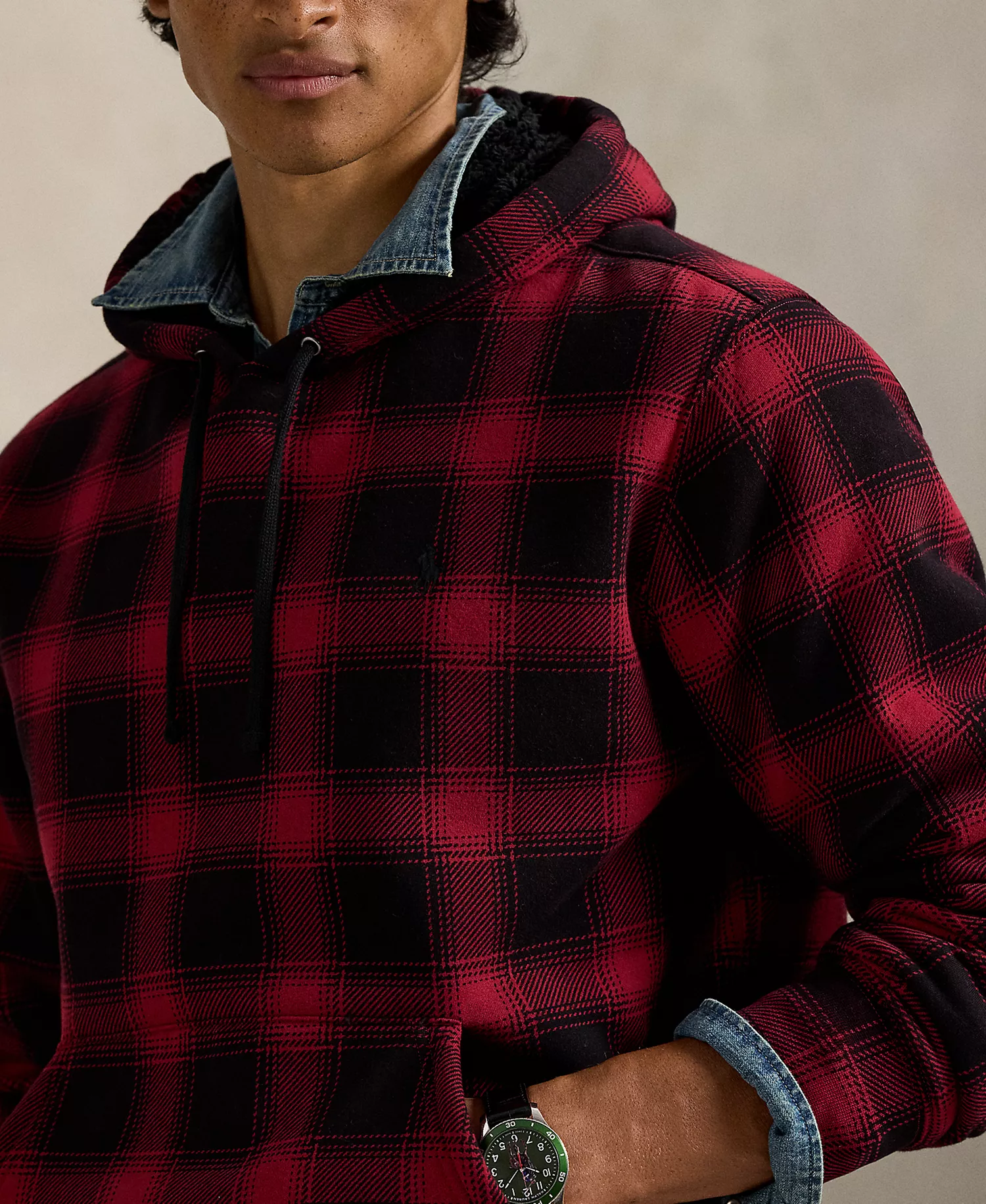 Men's Plaid Long-Sleeve Hoodie - Lodge Plaid Holiday Bear - 2XL