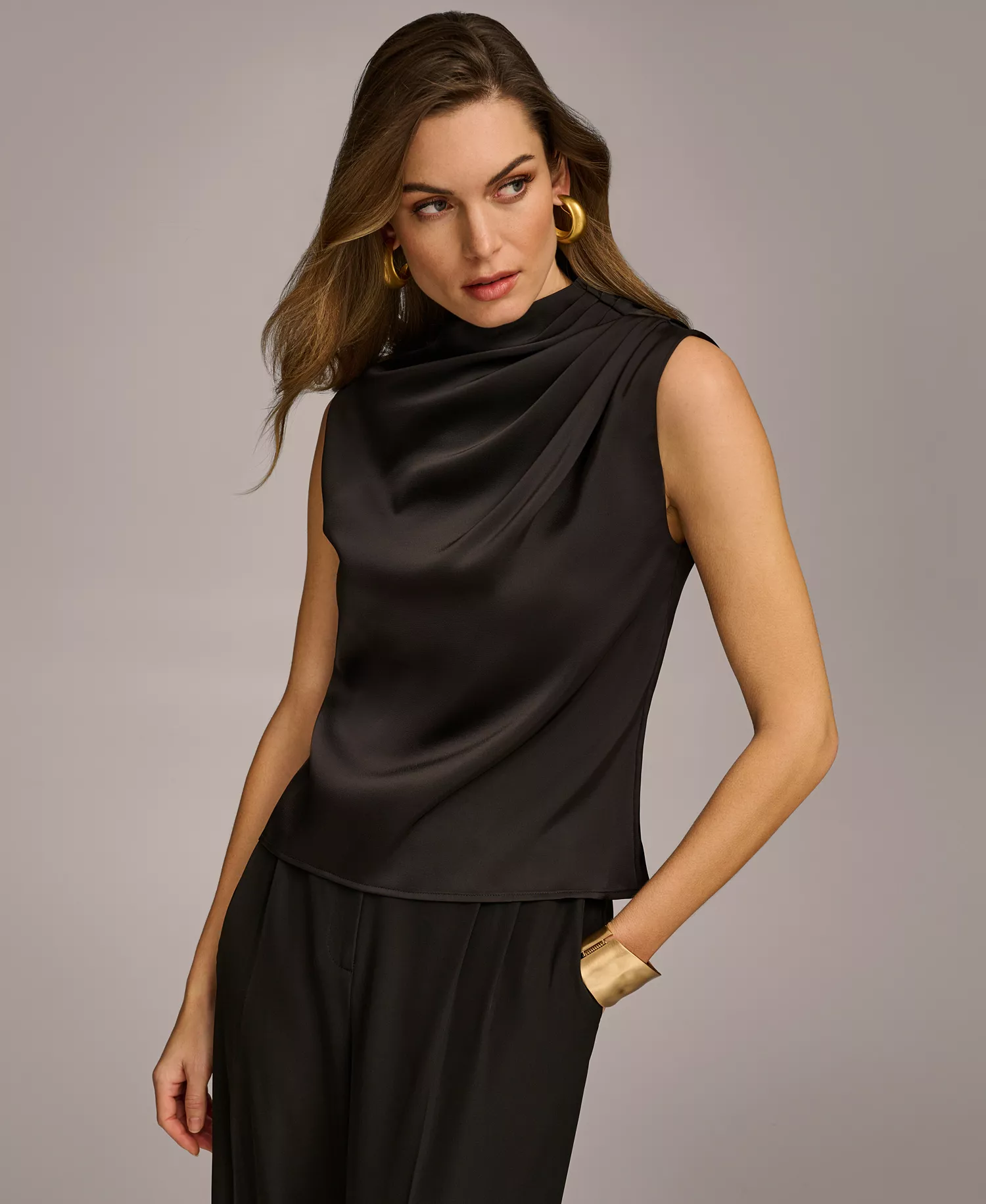 Women's Draped High Neck Sleeveless Top, Regular & Petite Sizes - Black - L