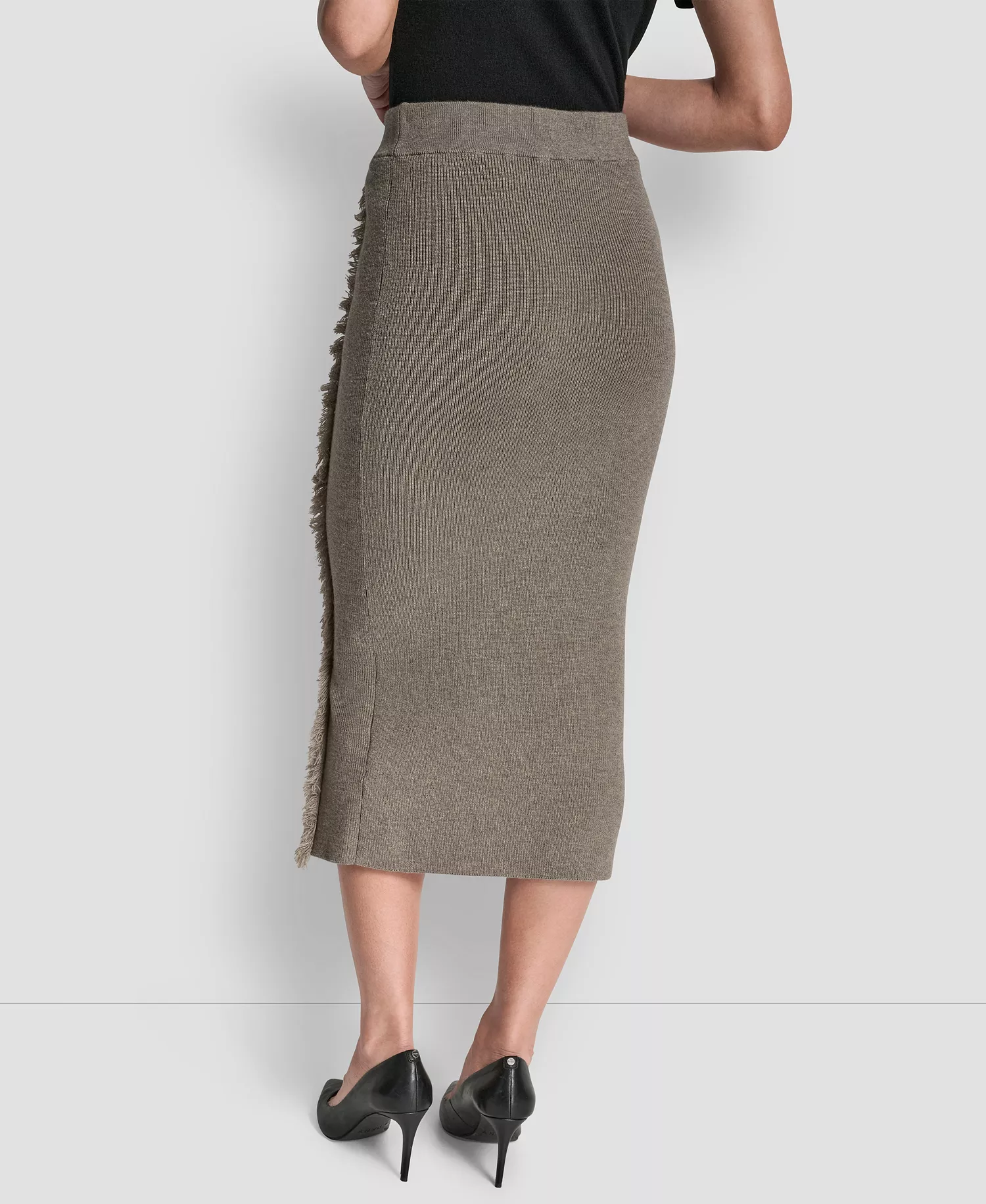 Women's Fringe Detail Bodycon Midi Sweater Skirt - City Taupe Heather - L