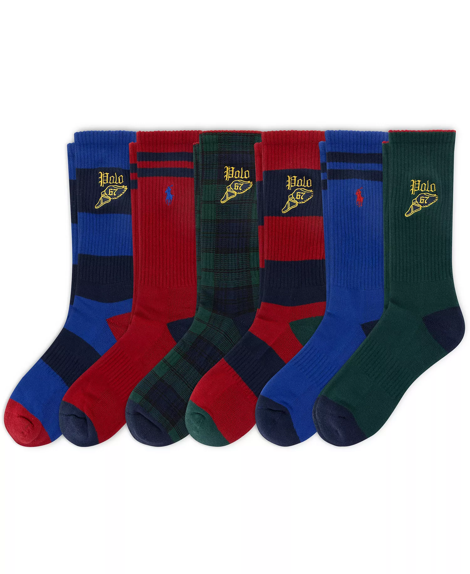 Men's Blackwatch Tartan & P-Wing Crew Socks, 6-Pack - Blue/navy/Red/Green - 10-13