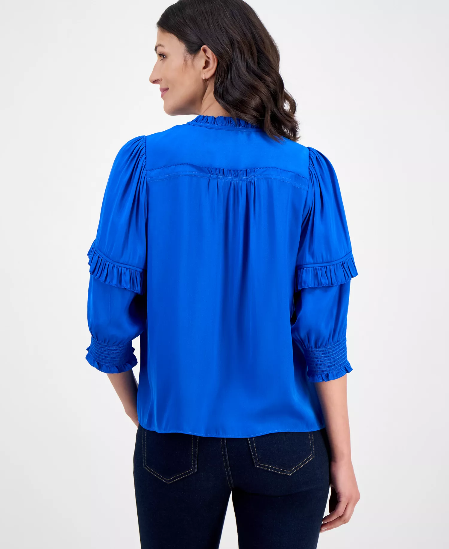 Women's Smocked Ruffle-Trim Elbow-Sleeve Top - Cobalt Stone - L