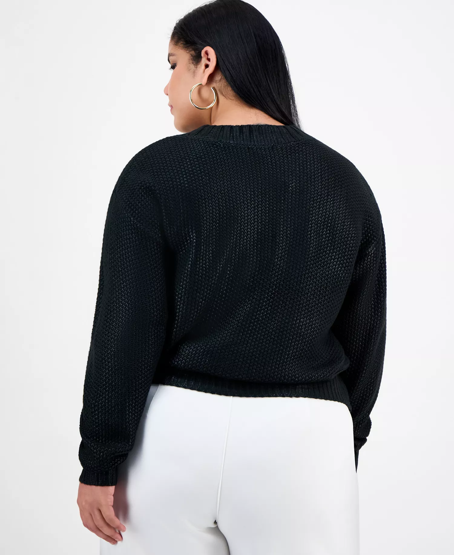 Trendy Plus Foil-Print Drop-Shoulder Crewneck Sweater, Macy's Exclusive - Black - 0X