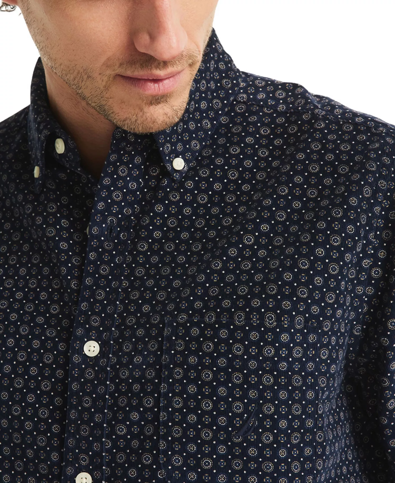 Men's Straight-Collar Corduroy Print Shirt - Navy Seas - XXL